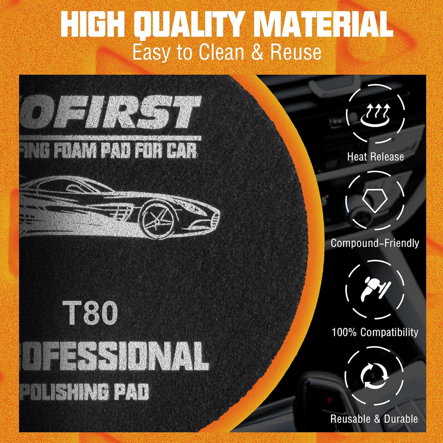 6 Inch Buffing Pads - 3Pcs Orange Buffing Pads - 6.5 Inch Face for 6 Inch 150mm Backing Plate - High-Density Buffing Sponge Pads for Car Buffer Polisher Compounding, Polishing & Waxing - Image 3