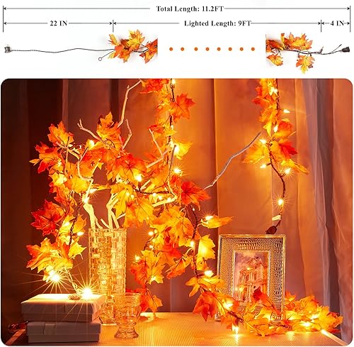 Miniatura 7 de Decoración de otoño para el hogar, guirnalda de otoño enchufable de 9 pies con luces, 50 bombillas naranjas conectables, luces de guirnalda de otoño