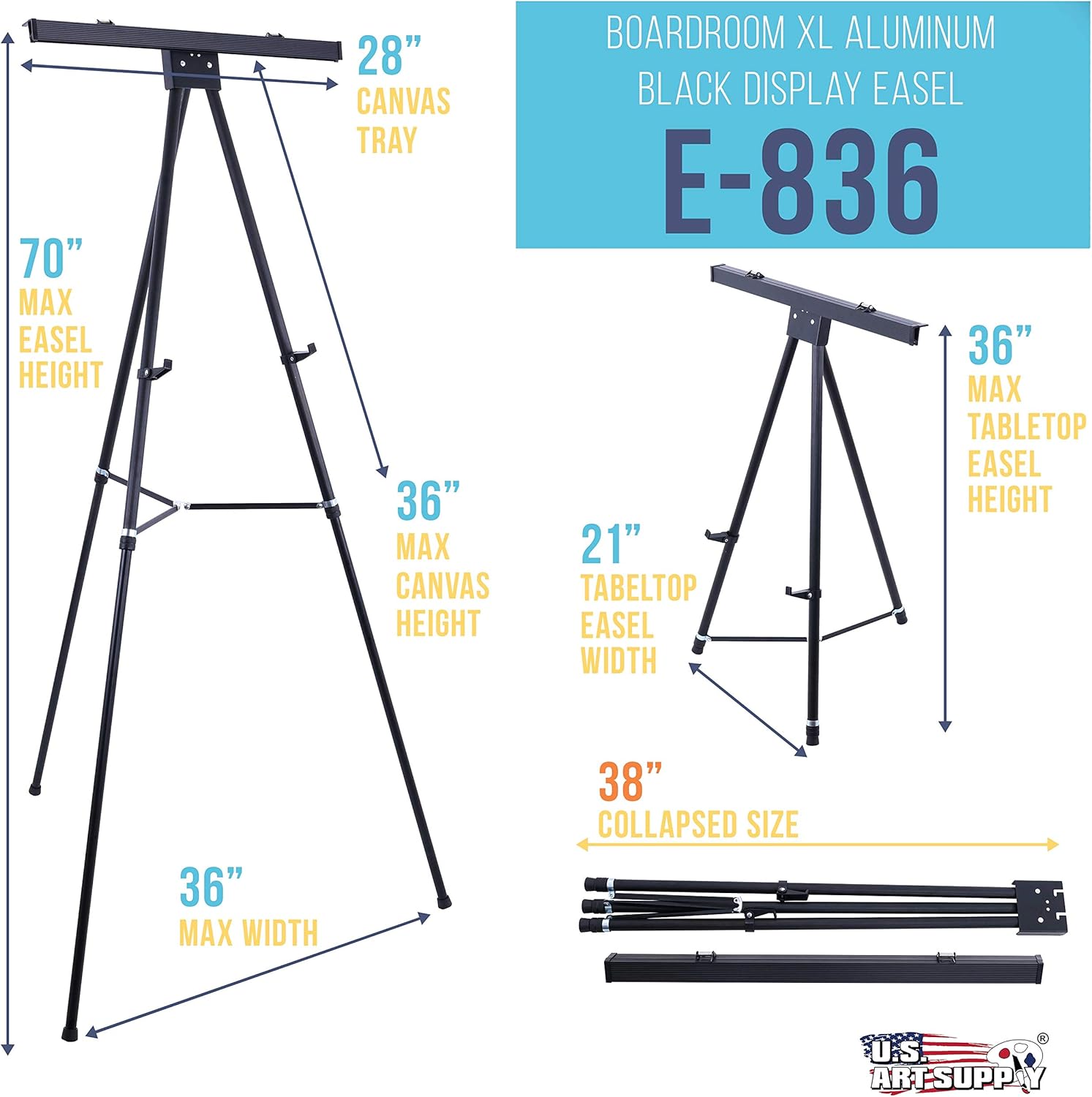 U.S. Art Supply 70" High Boardroom XL Black Aluminum Flipchart Display Easel, Holds 45 lb - Heavy Duty Extra Large and Presentation Stand Adjustable Floor and Tabletop Portable Tripod, For Writing Pad : Office Products