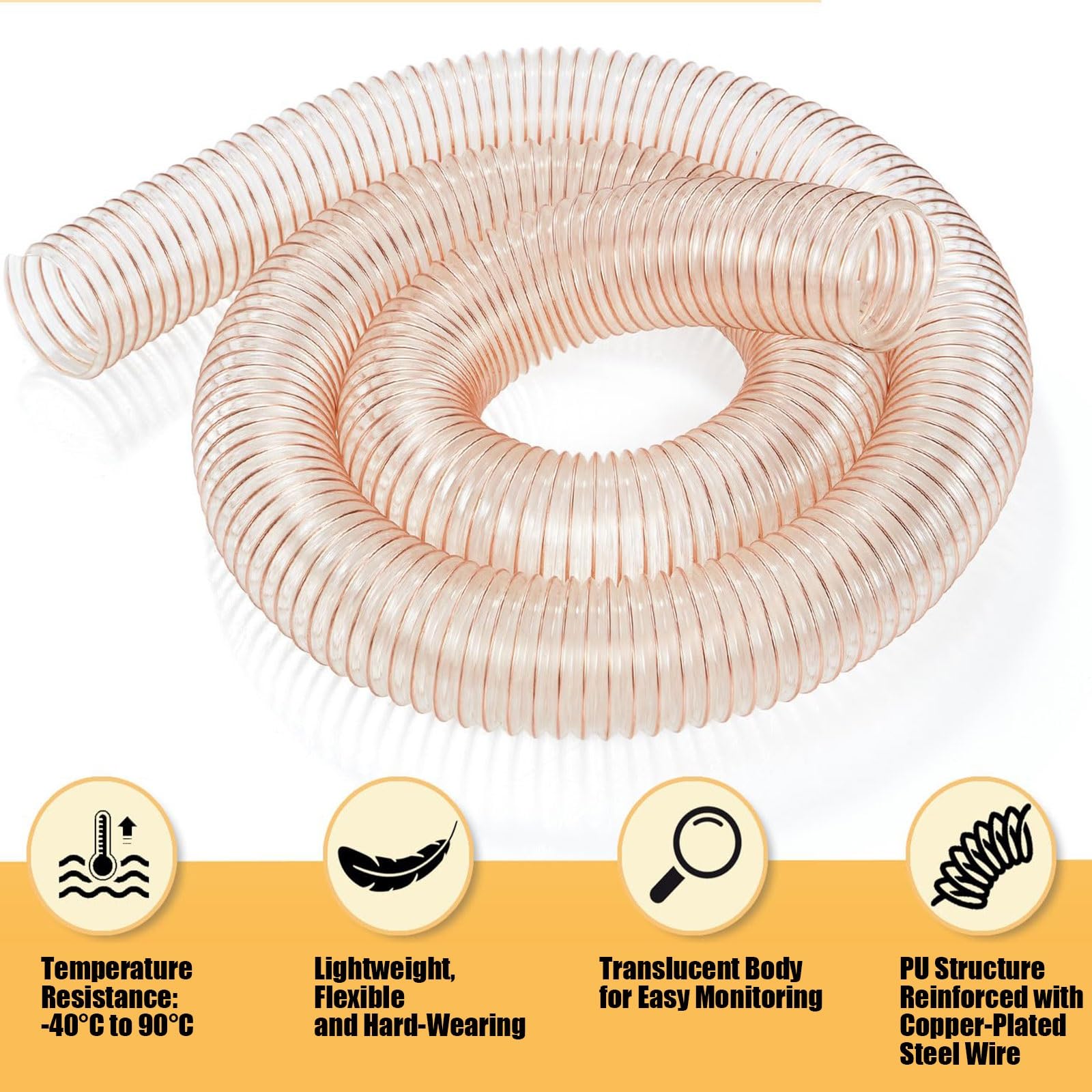 Tubo di raccolta della polvere, 3,3 cm x 180 cm, flessibile resistente alle forature, in poliuretano trasparente con rinforzo in filo di acciaio ramato per collettori di polveri per la lavorazione del