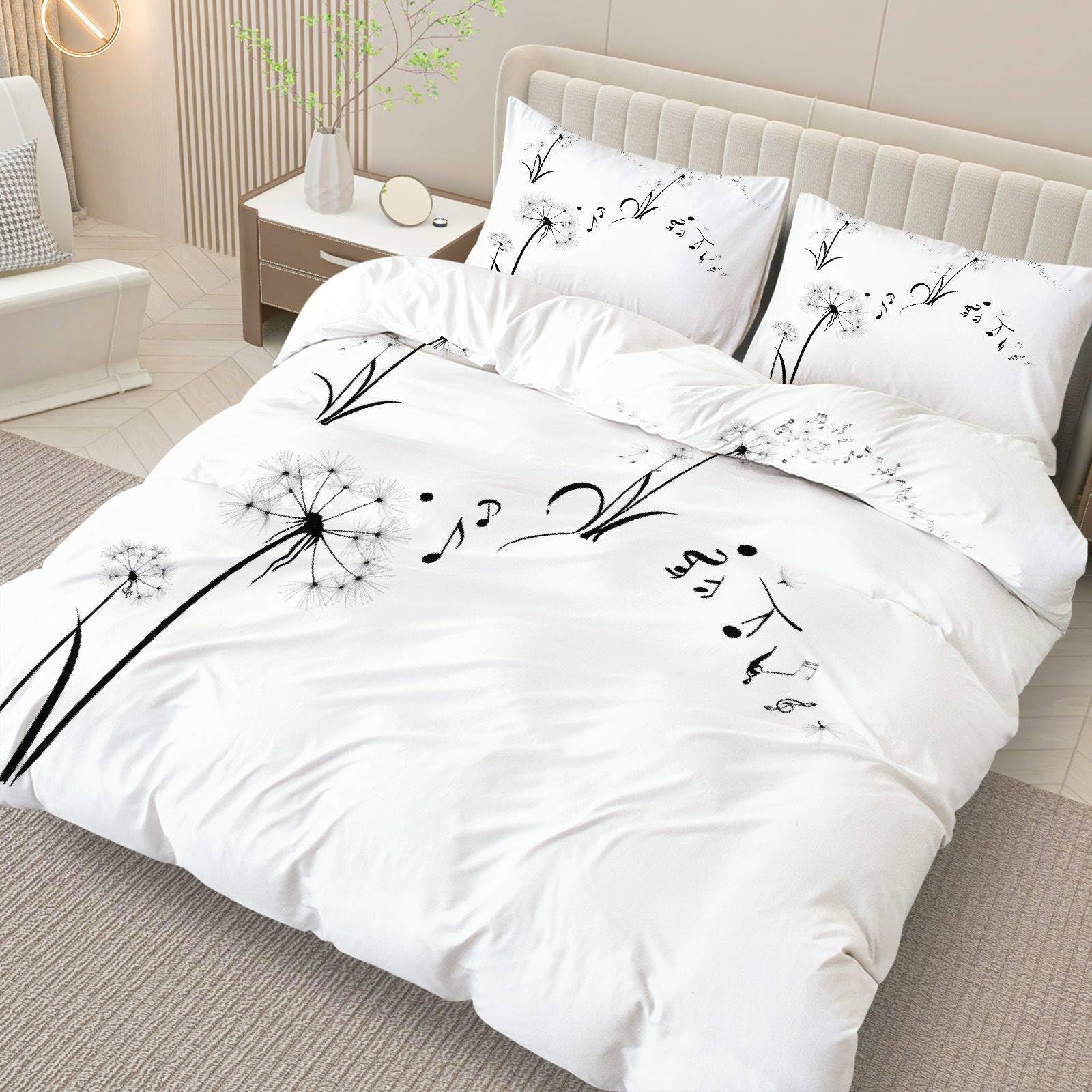 Parure de lit 240x260 cm pissenlit noir et blanc avec housse et taies