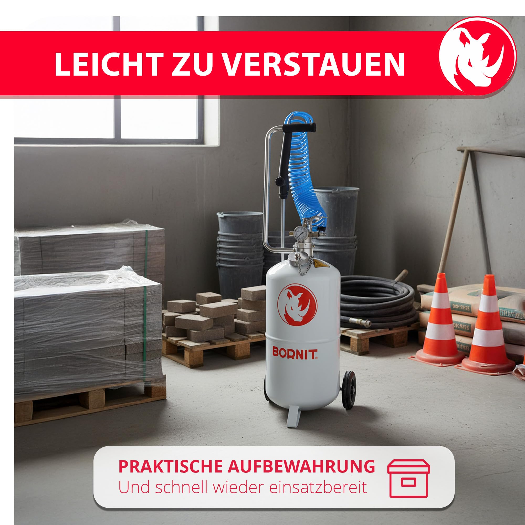 BORNIT Profi Haftkleber Spritze, Sprühen von Bitumenemulsion[ca.90m²/Fllg.] | 5m Spiralschlauch Sprühflasche groß Drucksprüher spritzen Pumpsprühflasche Tiefbau Pumpsprüher