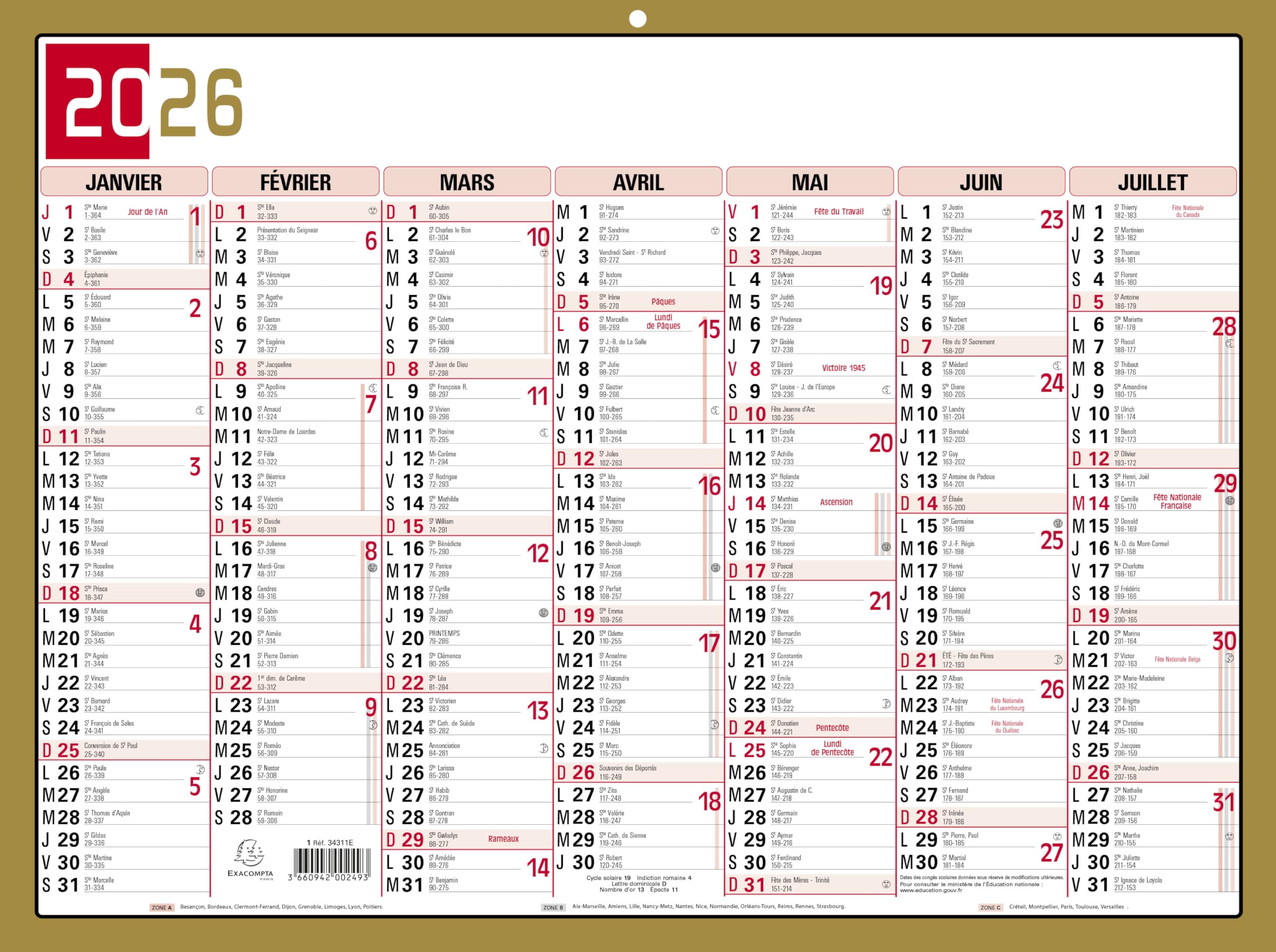 Calendrier Mural Annuel 2026 EXACOMPTA - Double Face, Format 30x22 Cm, Janvier à Décembre, Multicolore