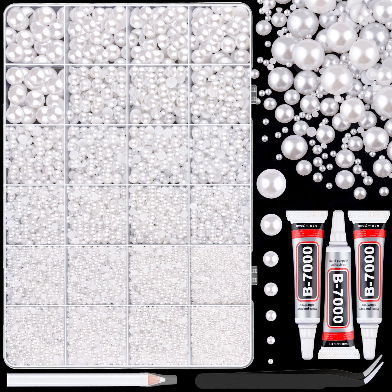16500Pcs Flatback Pearls for Crafting (White), Assorted Size 2/3/4/5/6/8/10mm Half Pearl with 3Pcs 10ml B7000 Jewelry Glue, Bedazzling Kit for DIY Crafts Clothing Tumbler Shoes Embellishment Nail Art