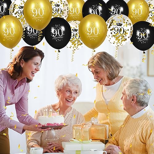 Miniatura 4 de Globos de cumpleaños de 90 años para hombres, 15 globos de feliz cumpleaños de 90 años, globos negros y dorados para decoración de fiesta de