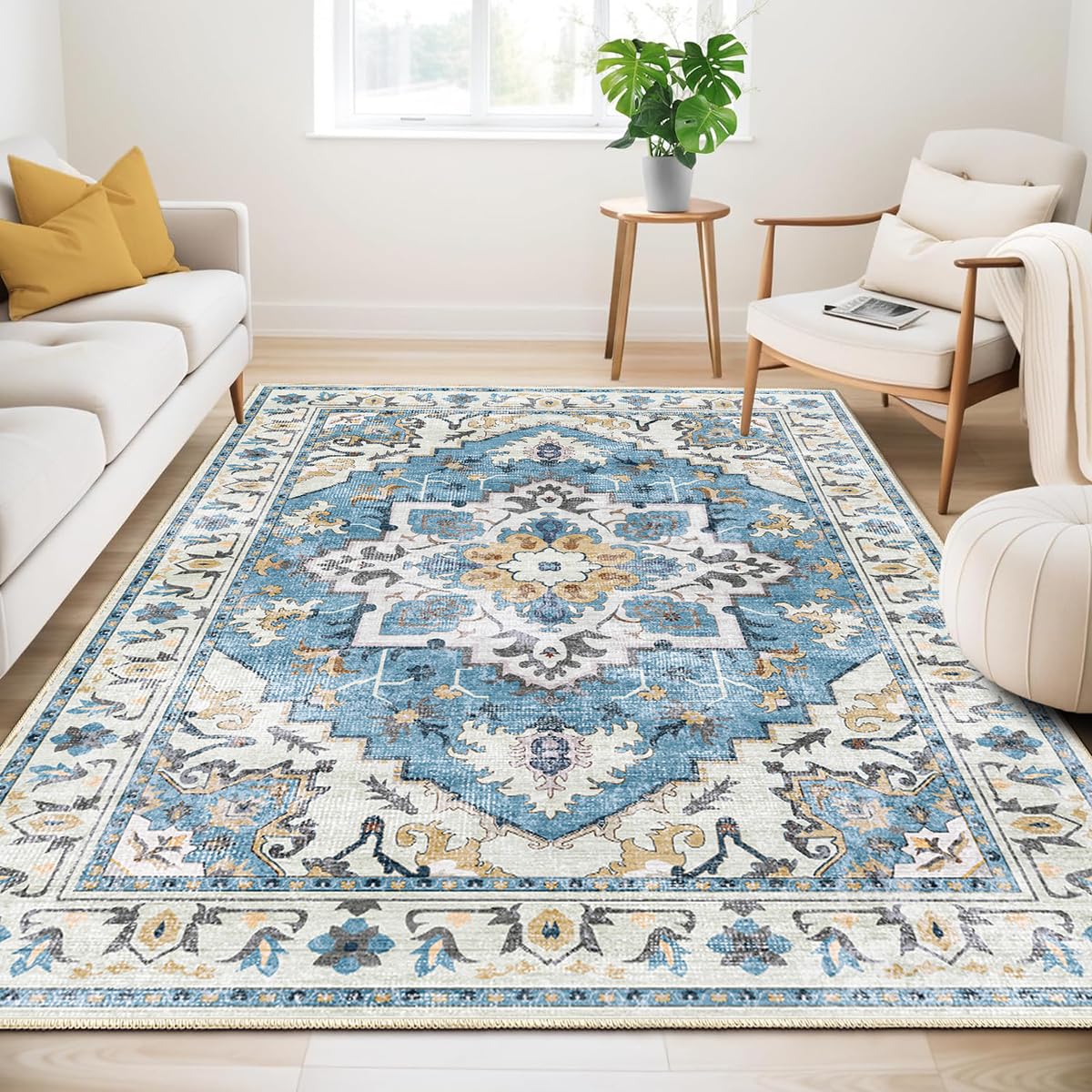 HeifgottUltra-Thin Vintage Area Rug - 200x300 Washable Bedroom Rug Large Living Room Rug Non-Slip Dining Room Mat, Printed Low Pile For Office Living Room Bedroom Rug(Blue-200x300cm)