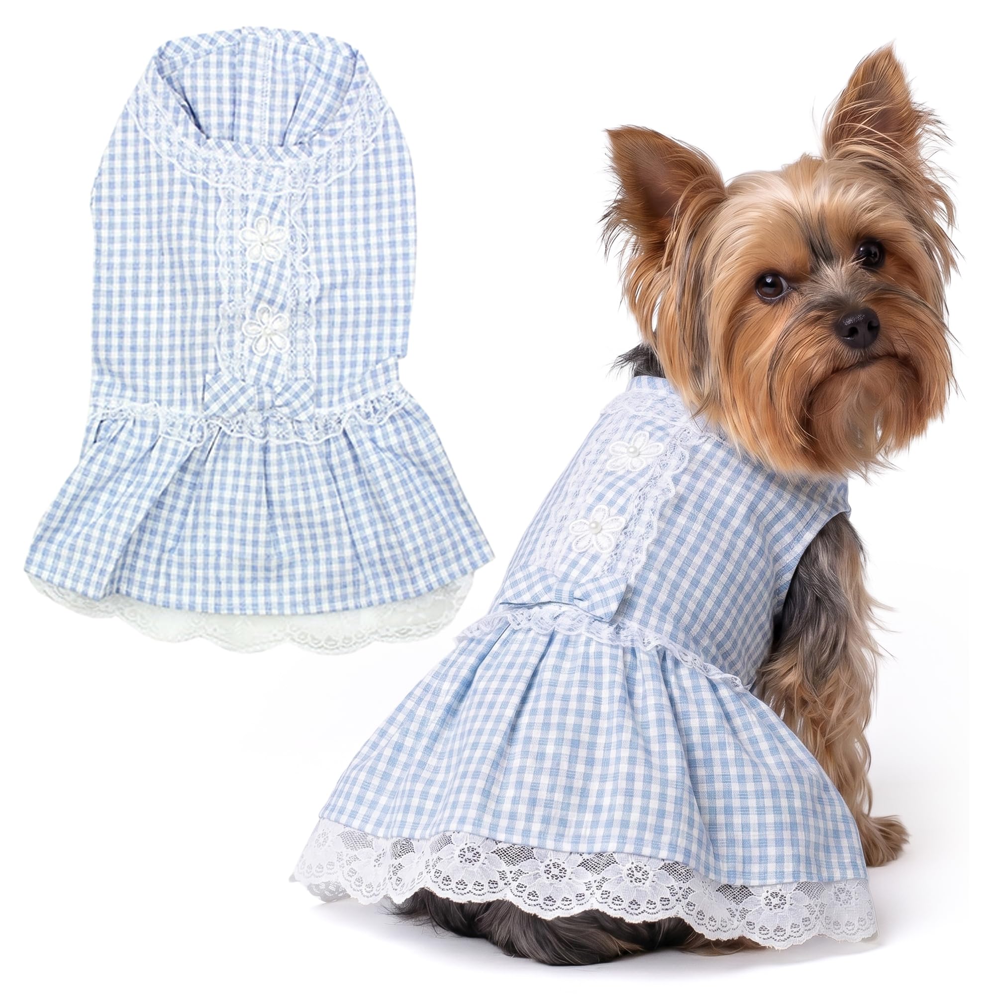 Parisian Pet Summer Dog Dress - Countryside Clothes for Small Dogs Girl - Gingham Pet Dress - Elegant Blue Dog Outfit - Lightweight Puppy Clothes - Breathable Stylish Dresses for Dogs โ image 1
