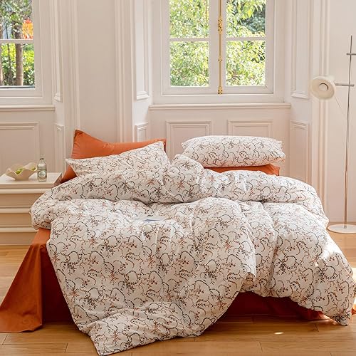 EAVD Juego de funda de edredón floral bohemio de algodón, tamaño Queen, juego de ropa de cama floral rosa jardín para niñas y mujeres, elegante
