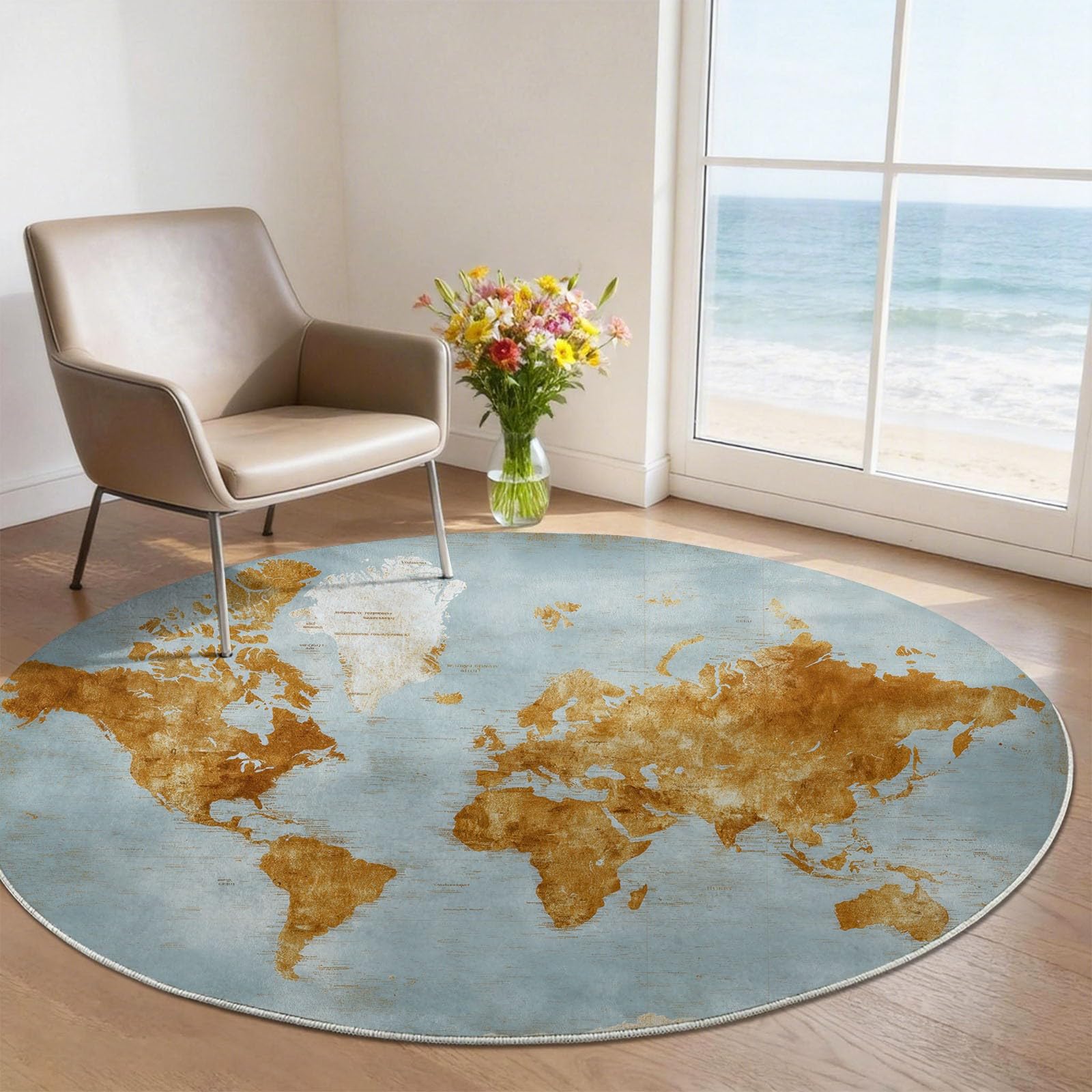 Tapis rond 150 cm carte vintage rétro bleu clair lavable