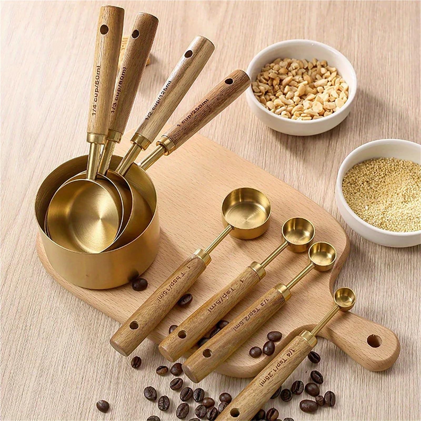 8 Stück Messbecher Löffel aus Edelstahl | Goldfarbener Holzgriff, Backutensilien, Kaffee-Barkeeper-Skala, Küchenzubehör-Set