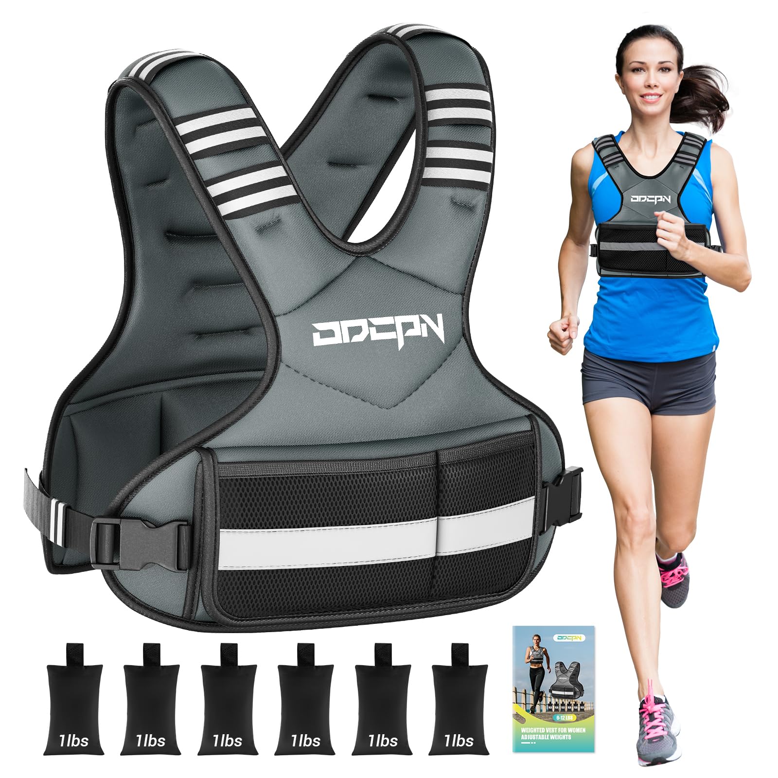 Weighted Vest Adjustable Weights for Women, 6-12 Lbs Weight Vest for Walking with Plus Size Pocket, Ruck Vest with 6 Ironsand Weights & Reflective Strip for Running, Workouts & Strength Training