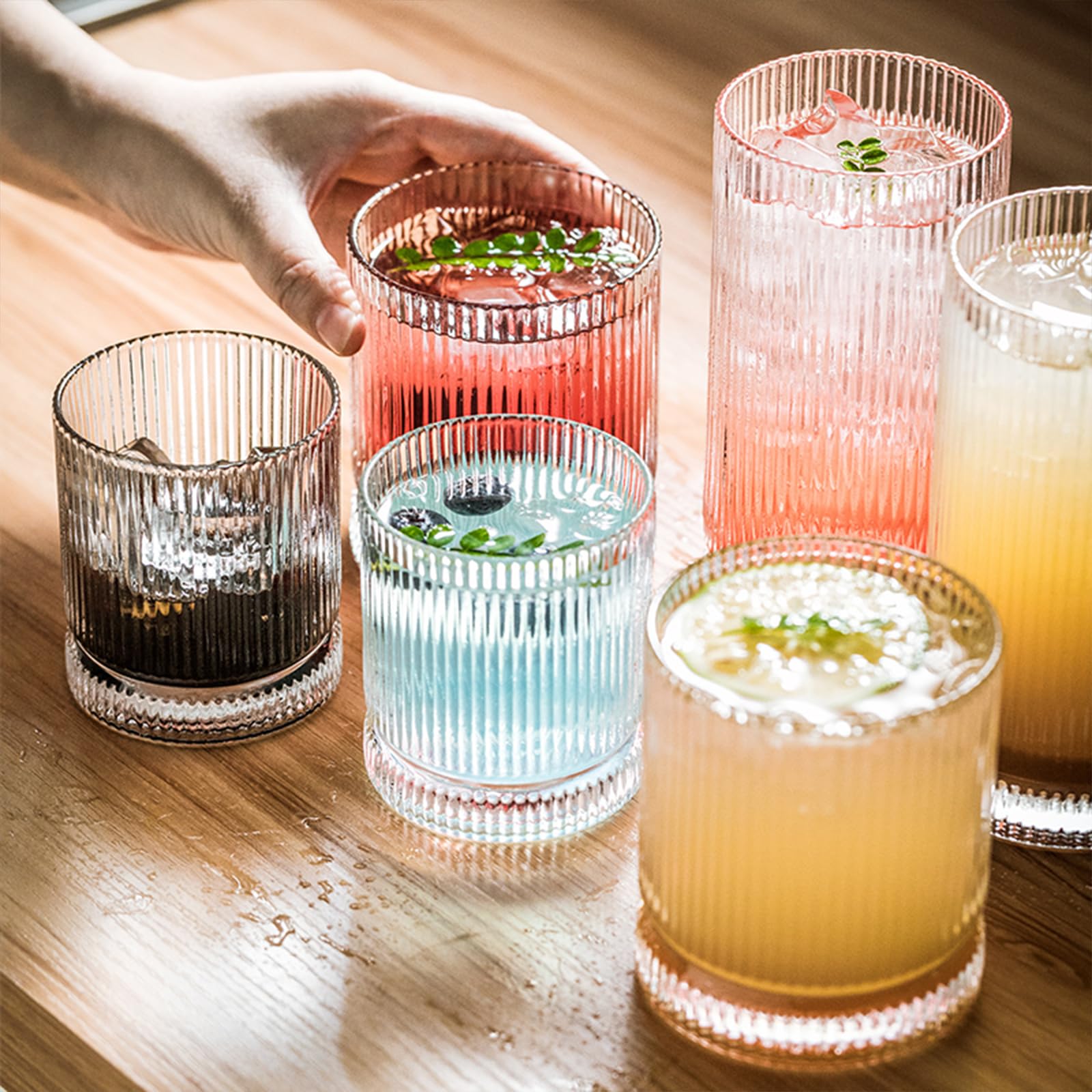 12 Oz Ribbed Drinking Glasses Set Of 6, Clear Vintage Iced Coffee Cups Elegant Glassware, Highball Glass Cups Ridged Glass Tumbler For Cocktail, Whiskey, Beer, Water, Juice, Origami Style Amber - View #8