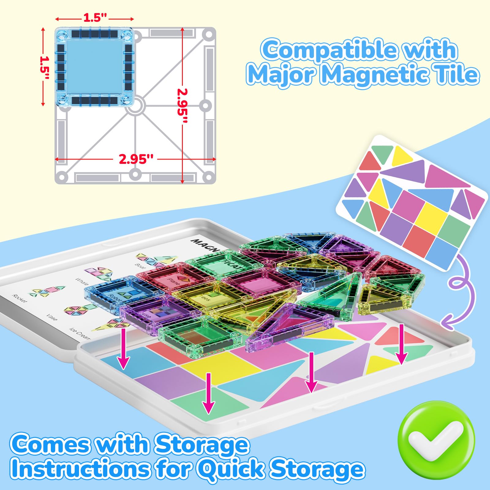 Set di 42 mattonelle magnetiche da viaggio per bambini, portatili, da viaggio, mini piastrelle magnetiche, giocattoli magnetici, scatola da costruzione montessori, giocattolo regalo per bambini di 3+