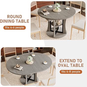 AwayHome 43.3''-59'' Extendable Round Dining Table for 4-8, Modern Kitchen Expandable Dining Table with Storage, Space Saving Circle Oval Kitchen Table with Leaf for Dining Room Living Room