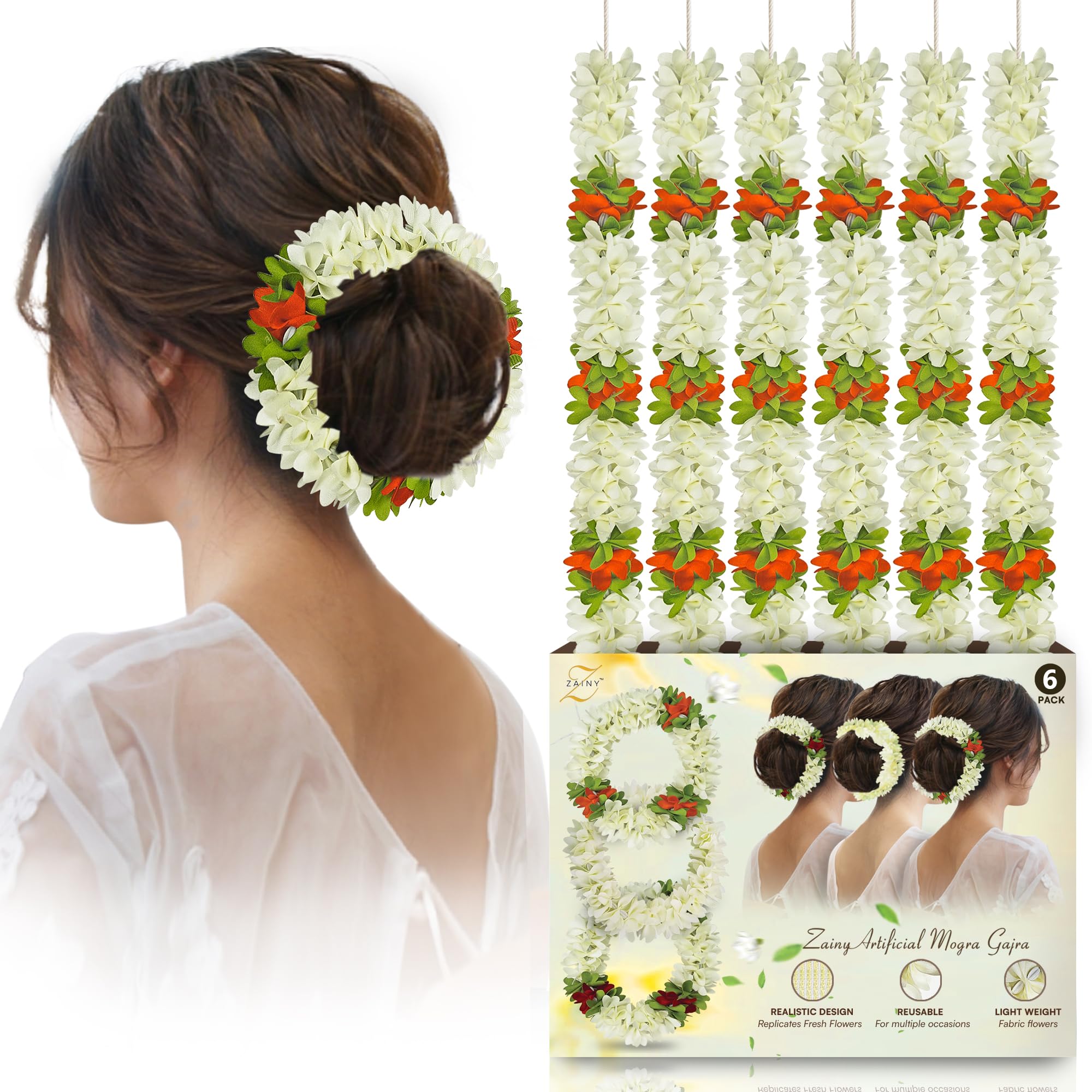 ZAINY 6 Pack Orange White Mogra Gajra for Hair, Artificial Jasmine Flower for Women, Reusable Artificial Cloth, Hand Hair Accessories for Festival, Pooja, Wedding, Decor, Versatile Floral Hair Garland
