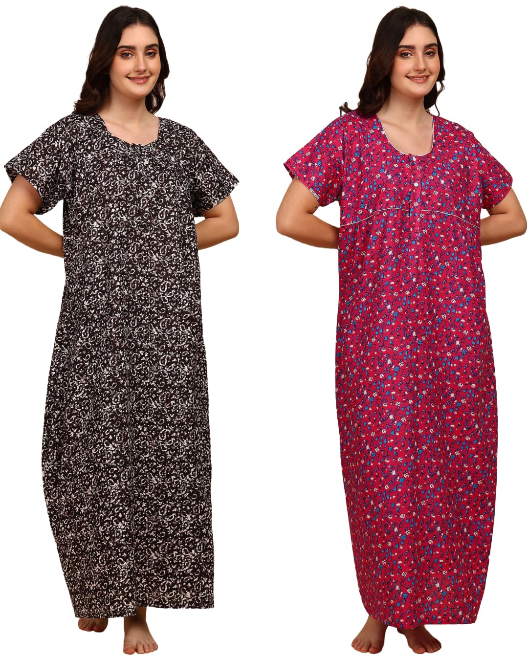 vlazom Women's Cotton Nighty Gown Combo – Pack of 2 Printed Maxi Nightwear, Free Size, Soft & Breathable Sleepwear for Ladies-picture-41