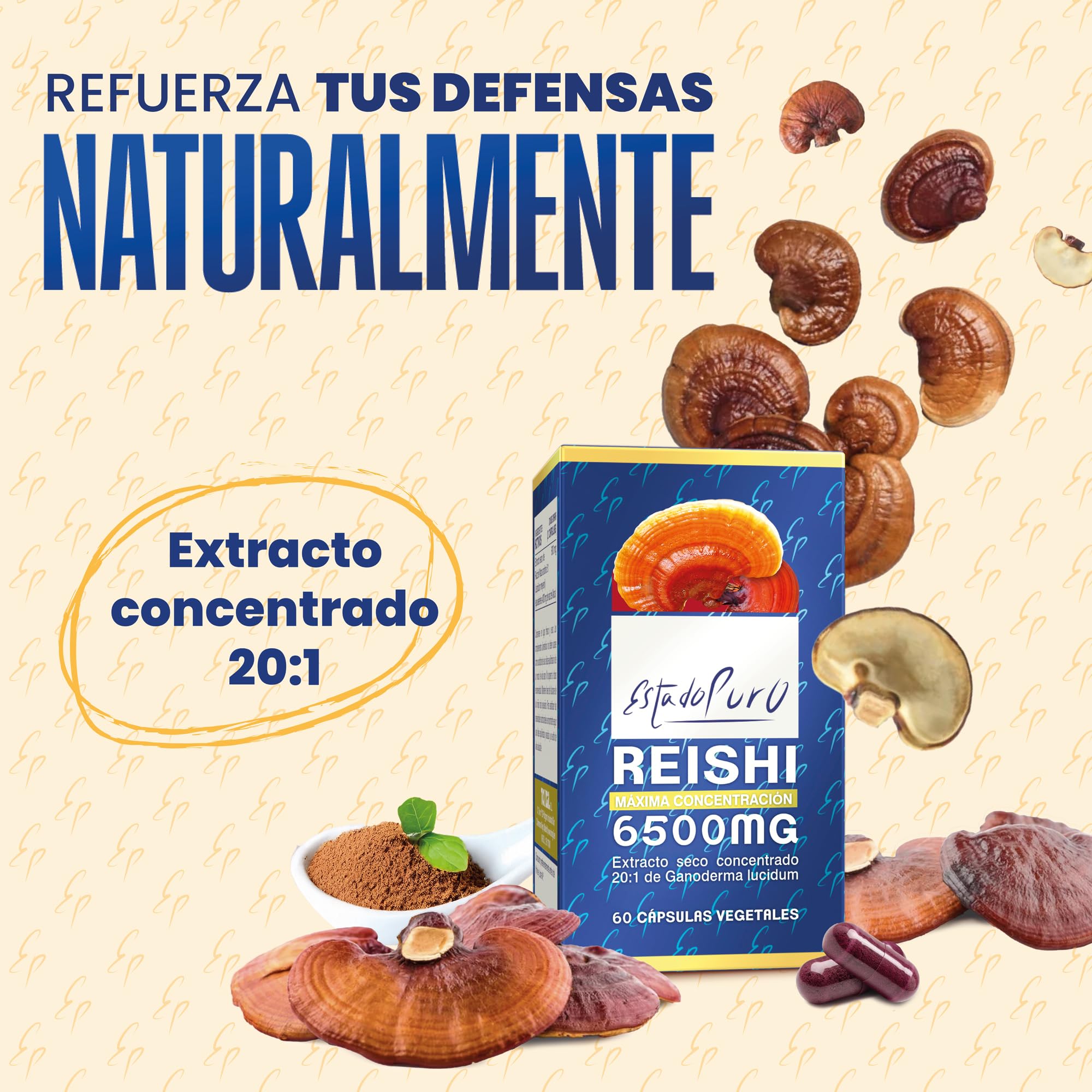 Reishi Estado Puro 6500mg con Vitamina C - Extracto Concentrado 20:1 de Hongo Ganoderma lucidum - Inmunidad y Antioxidante - 60 Cápsulas Vegetales de Tongil