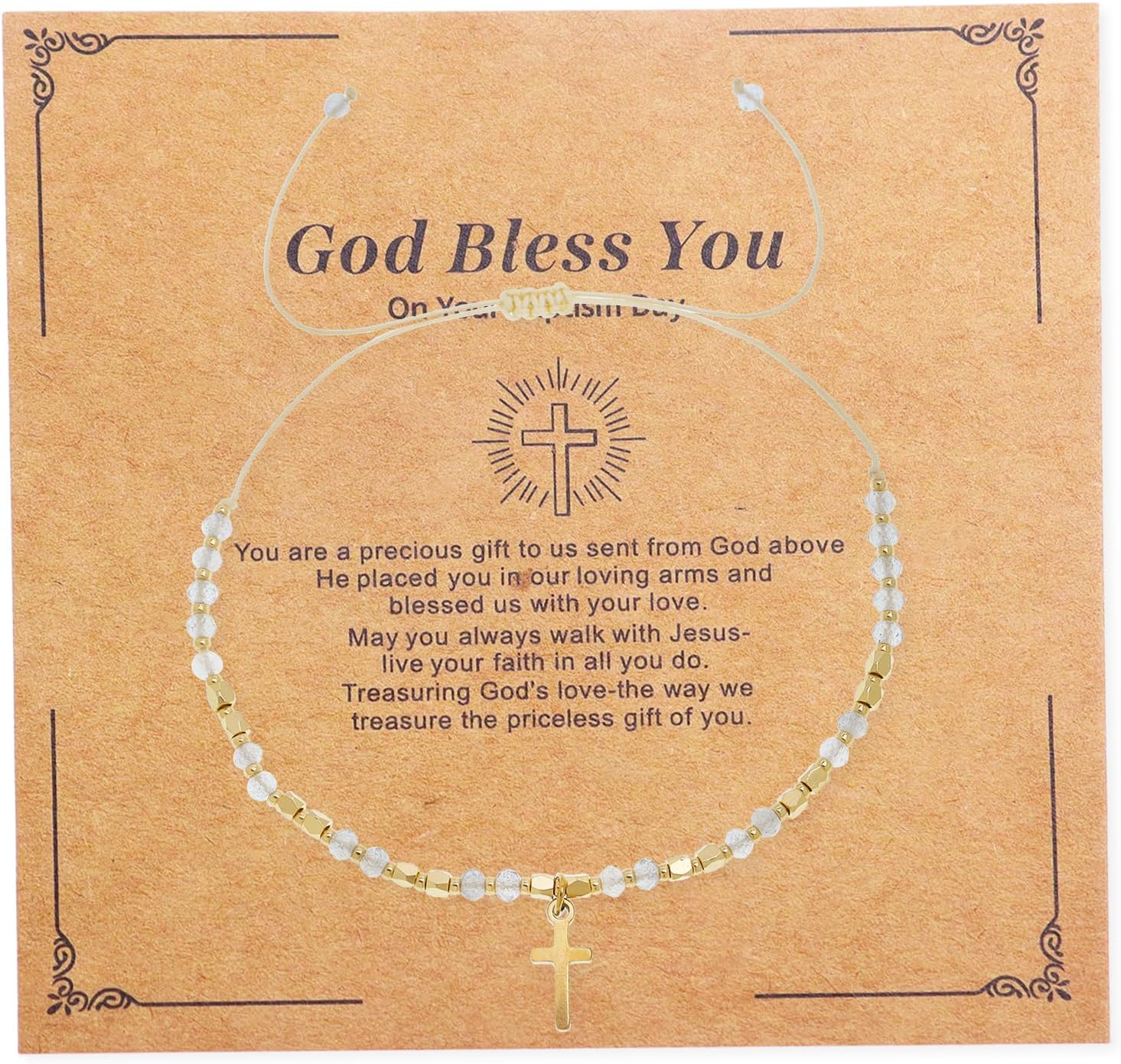 Gold Cross Charm Rainbow Natural Stone Beaded Stack Bracelets Christian Gift for Women, Golden Beads Stackable Strand Bracelet Fashion Jewelry