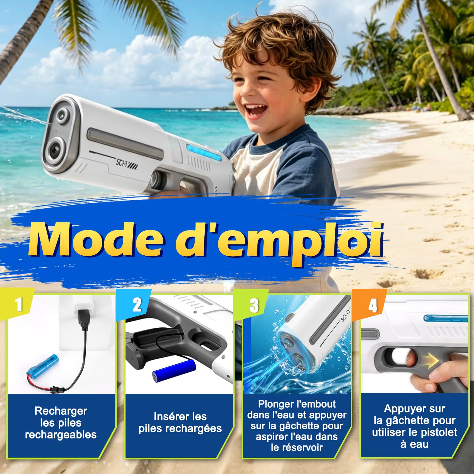 Pistolet a Eau Electrique, Pistolet à Eau Automatique avec Lumières LED, Lunettes de Protection et Fonction de Remplissage Automatique, Pistolets Rechargeable pour Plage en Été (Blanc)