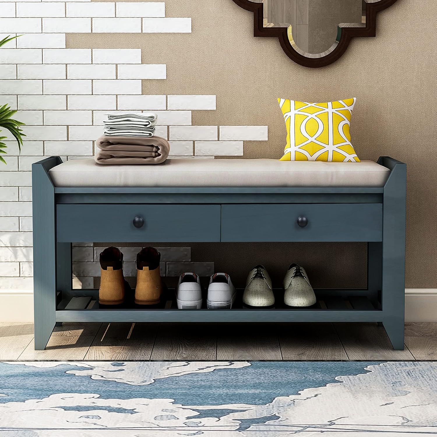 P PURLOVE Storage Bench Multipurpose Entryway Bench Shoe Rack with Cushioned Seat, Drawers and Shelf for Entryway Living Room, Antique Navy