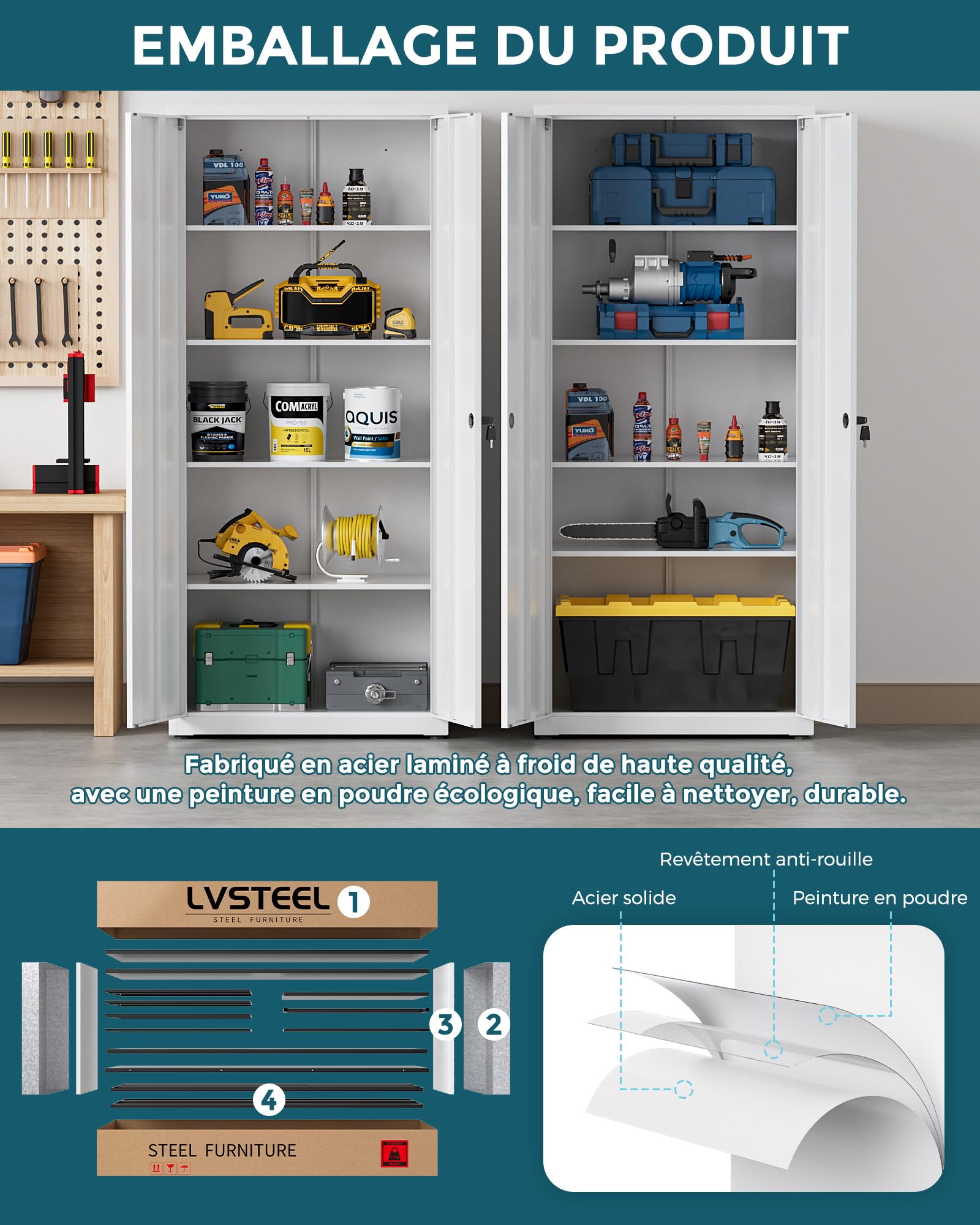 Armoire Métallique 181.5×80×40 cm, Meuble de Rangement de Bureau, 4 Étagères Réglables, avec Serrure, 4 Clés, Adapté aux Bureaux, Garages et Chambres, Blanc