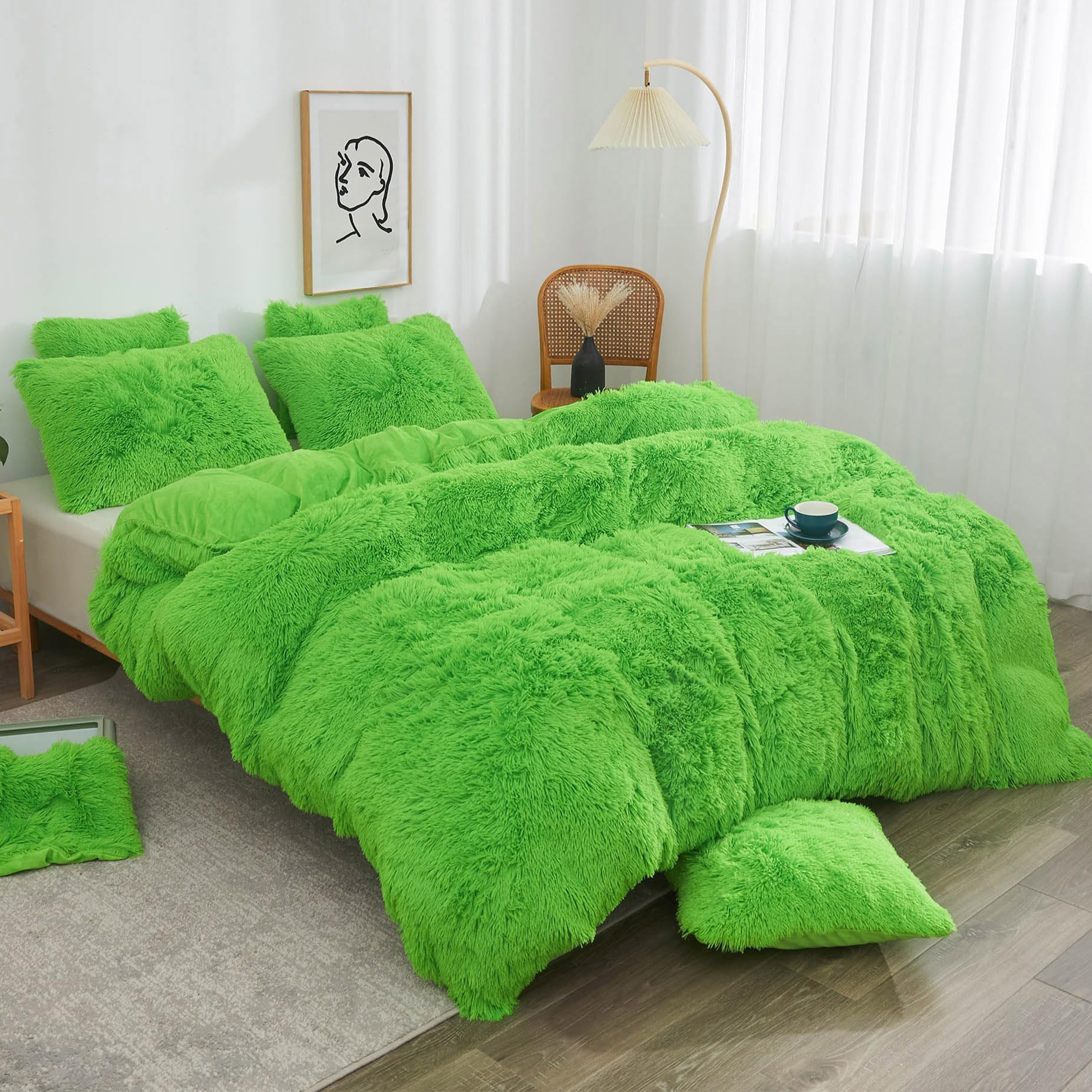 XeGe Plush Faux Fur Duvet Cover Queen Size, Luxury Shaggy Fluffy Lime Green Comforter Cover 1 PC, Soft Furry Fuzzy Velvet Bedding with Zipper Closure for Bedroom (Queen, Lime Green)