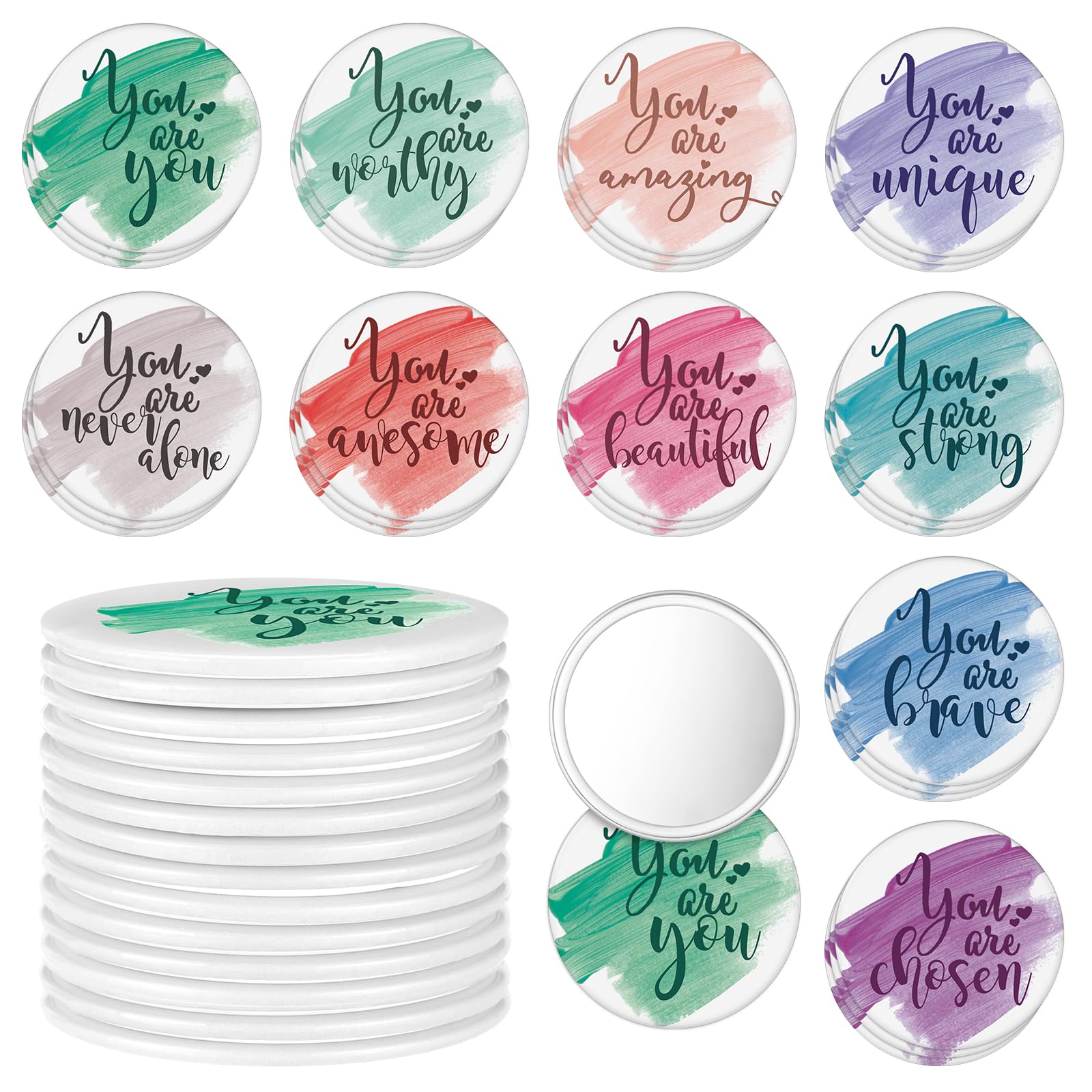 Unittype 30 Pcs 2.76 Inch Inspirational Compact Mirror for Women Small Pocket Mirrors Mini Round Makeup Mirror Valentines Thank You Gifts for Coworker
