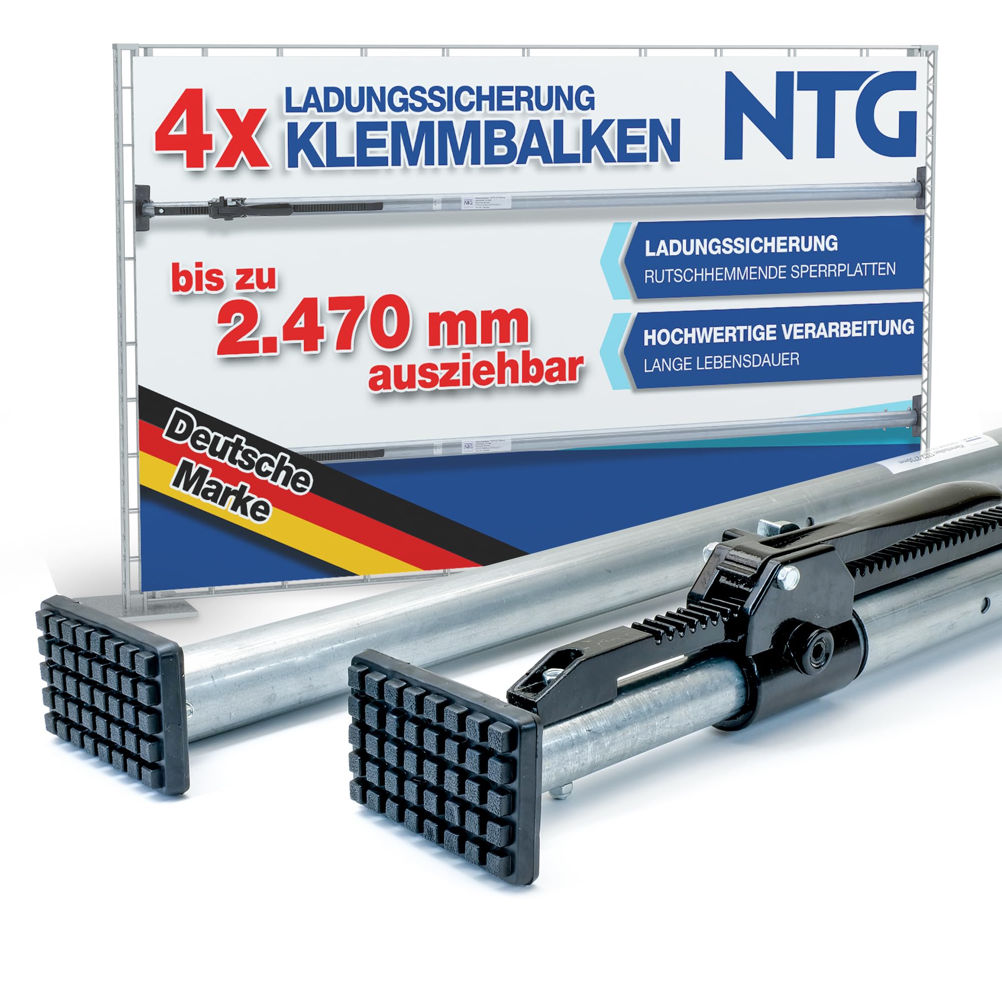 4 Barre Di Serraggio In Alluminio NTG 2100-2470 Mm - Traverse Di Blocco Per Auto, Camion, Rimorchi E Camper - 4