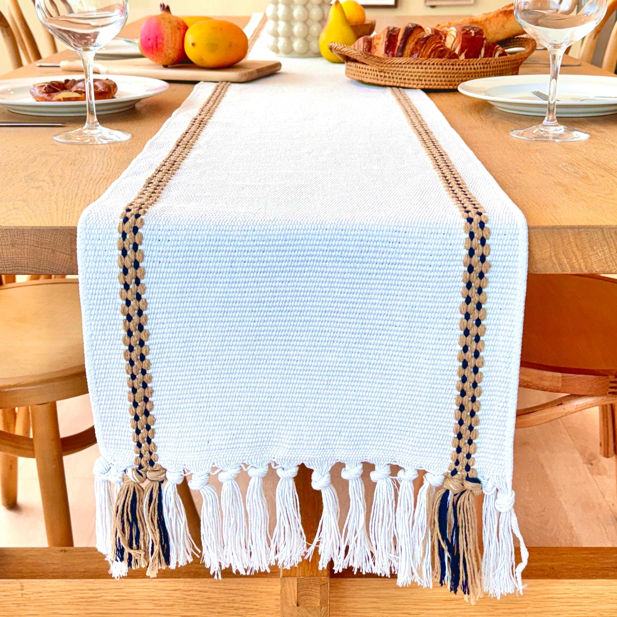 Boho Table Runner 72 Inches Long - Braided & Striped Dining Room Table Runner Linen with Handmade Tassels, Durable & Washable for Modern Farmhouse Dining Table Centerpiece Décor (13x72)
