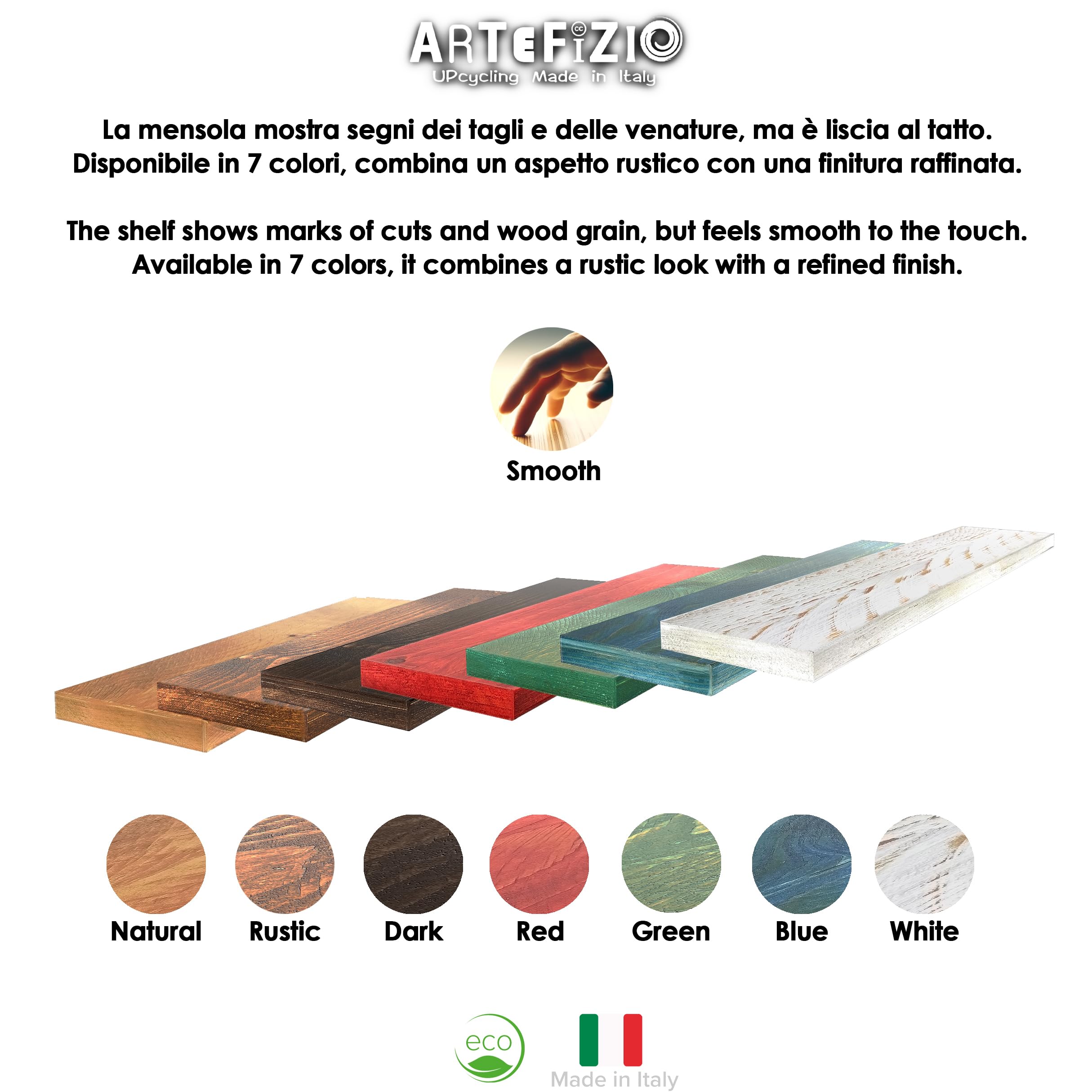 Mensola in Legno Massello Sospesa a Parete, Ripiano Artigianale, 7 Colori, Varie Dimensioni, Arredamento Bagno, Cucina, Camera da Letto, Ufficio, Made in Italy (Fat, White, W20xH4xL100 cm)