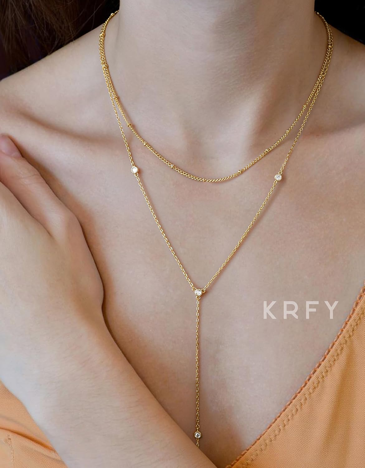 Krfy Lariat Long Necklace for Women, 16K Plated Gold Necklace for Women Dainty, Drop Pendant Cross Necklace, Rosary Beaded Y-Shaped CZ Layered Necklaces, Silver Color Adjustable Chain Jewelry - Image 3
