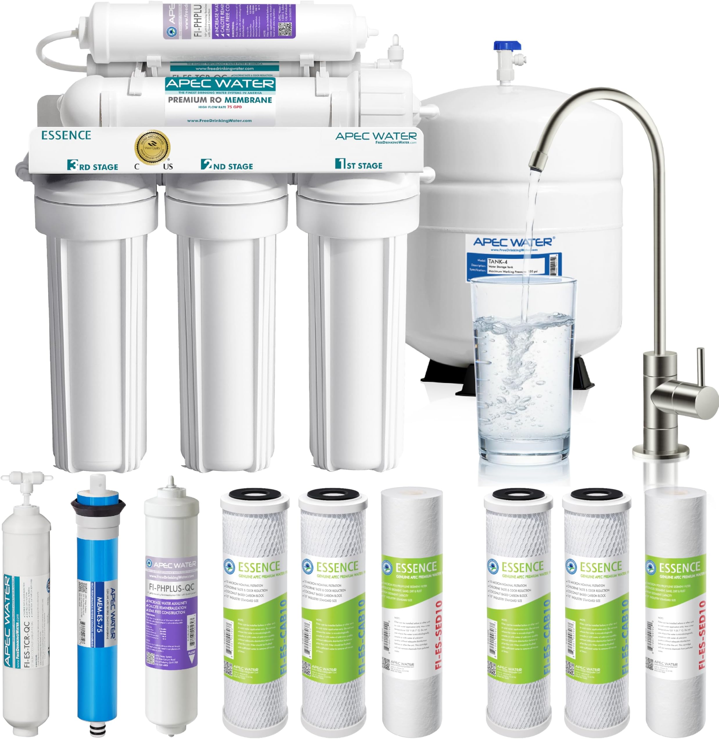 APEC Water Systems ROES-PH75 Essence Series Top Tier Alkaline Mineral pH+ 75 GPD 6-Stage Certified Ultra Safe Reverse Osmosis Drinking Water Filter System with Extra High Capacity Filter Set Stage 1-3
