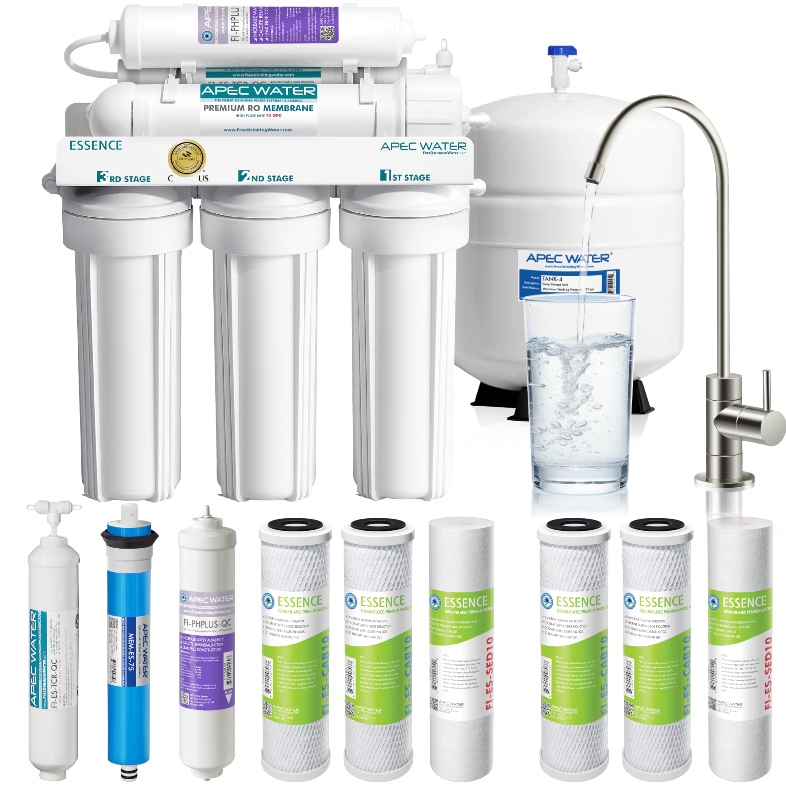 APEC Water Systems ROES-PH75 Essence Series Top Level Alkaline Mineral pH+ 75 GPD 6-Stage Certified Ultra-Safe Reverse Osmosis Drinking Water Filter System with Extra High Capacity Filter Set Steps 1