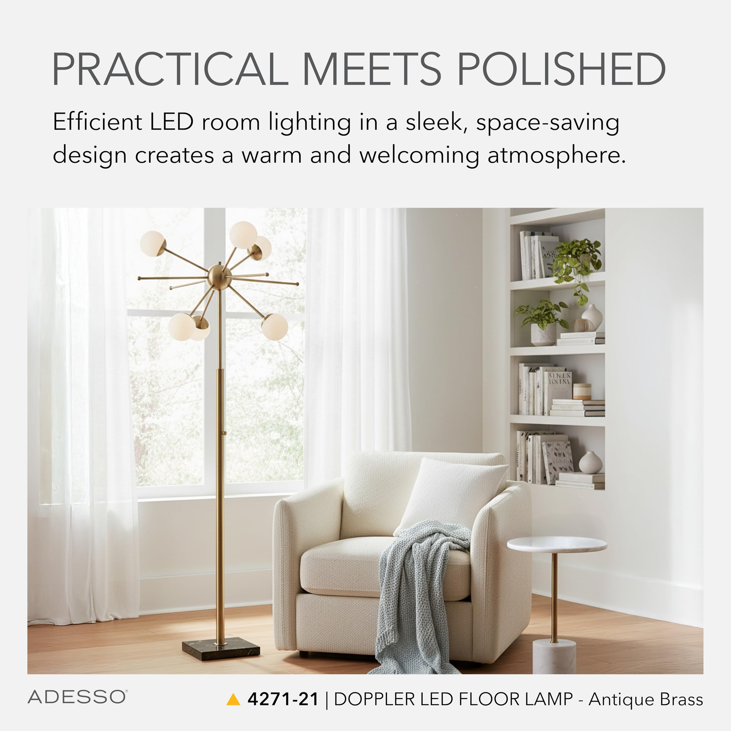 Adesso Antique Brass LED Floor Lamp with White Opal Shades