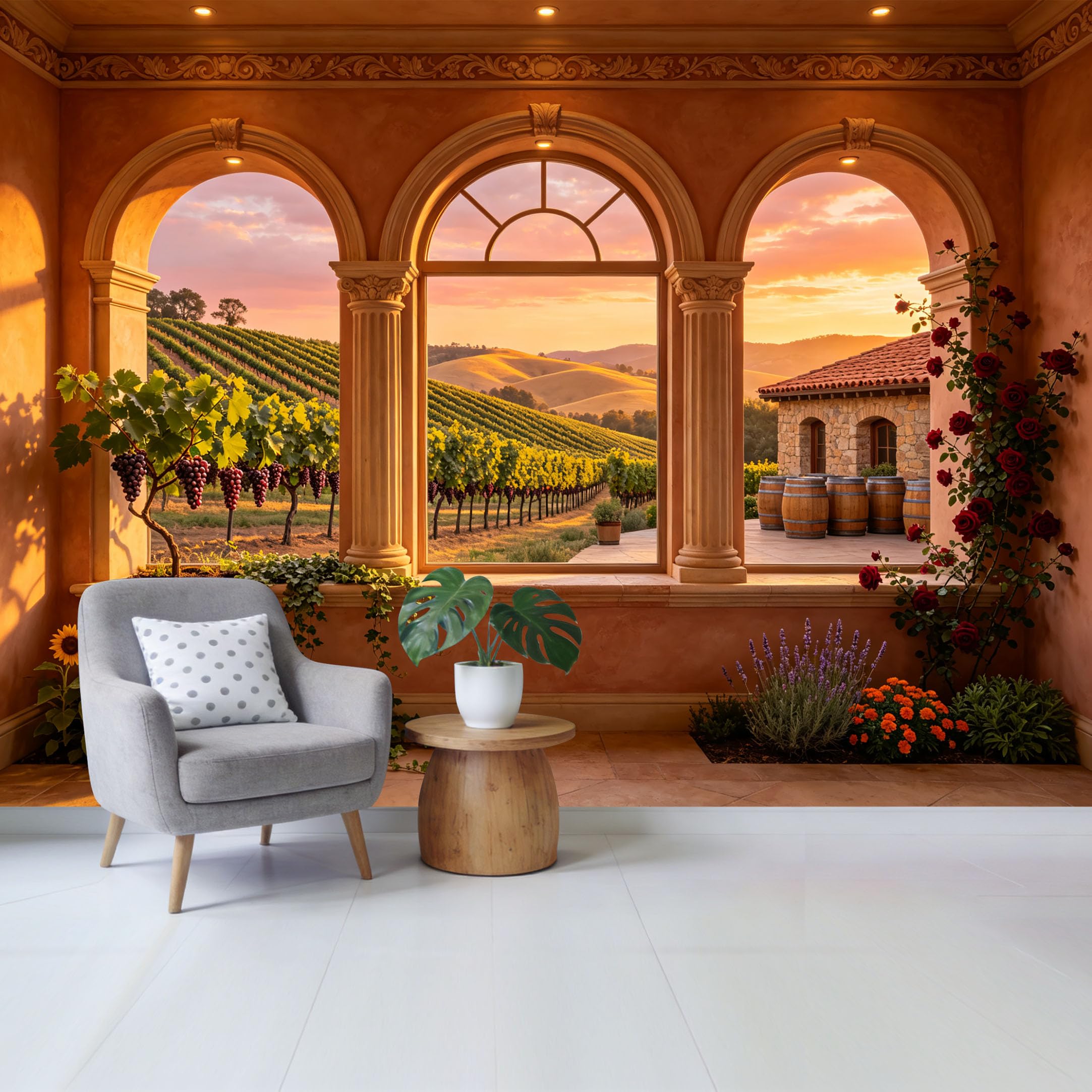 Custom Size Wall Mural Mediterranean Vineyard Sunset View Through Arch Window Landscape Removable Self Adhesive Fabric Home Wall Decor for Living Room Bedroom Bathroom
