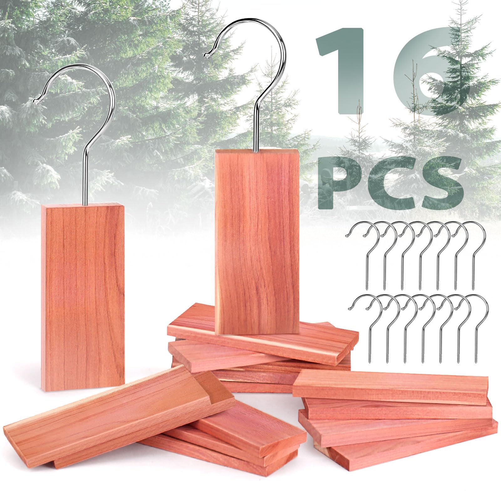 Woodever 16 Pack Cedar Planks for Clothes Storage, Aromatic Red Cedar Wood Hangers with Metal Hooks, 100% Natural Scent, with Sandpaper Freshener, for Drawers and Wardrobes