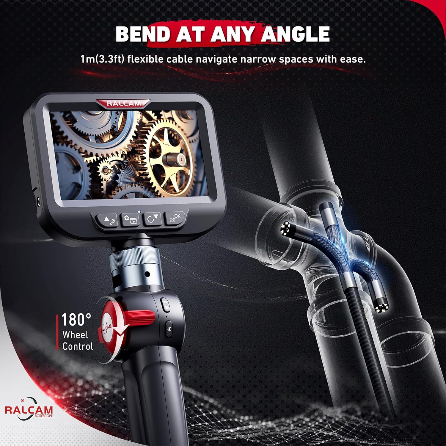 Borescope probe bending at an angle with the 180-degree wheel control highlighted