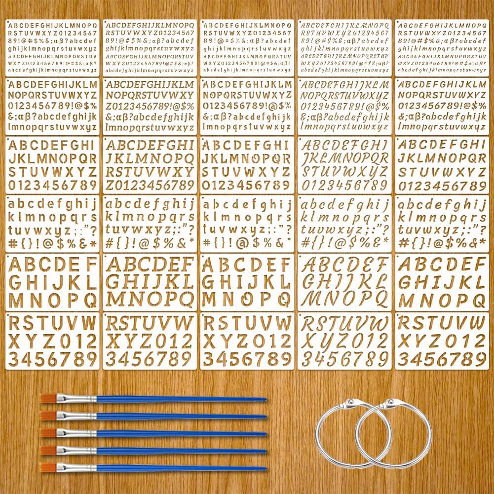 Letter Stencils for Painting, 30 Pcs(1/3, 1/2, 0.7, 1, 1.5 Inch) Small Reusable Plastic Number Alphabet Stencils for Crafts,Calligraphy Stencil for DIY Art Projects Scrapbook Home Decor