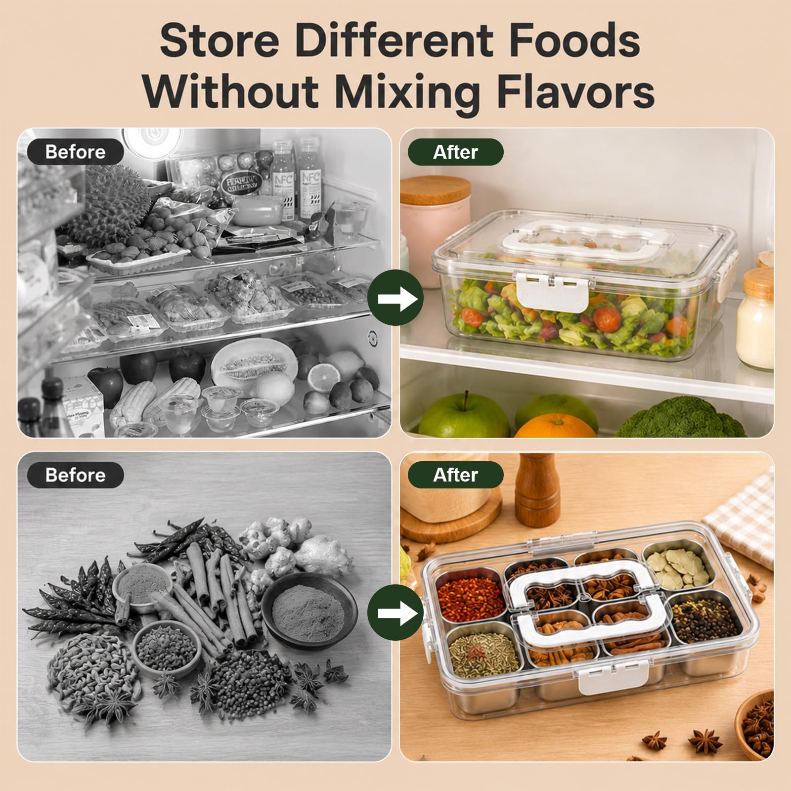 Qingning Stainless Steel Snack Box with 8 Compartments | Snack Box, Divided Serving Tray with Lid, Transparent Snack Plate for Fruits, Nuts, Sweets, Spices