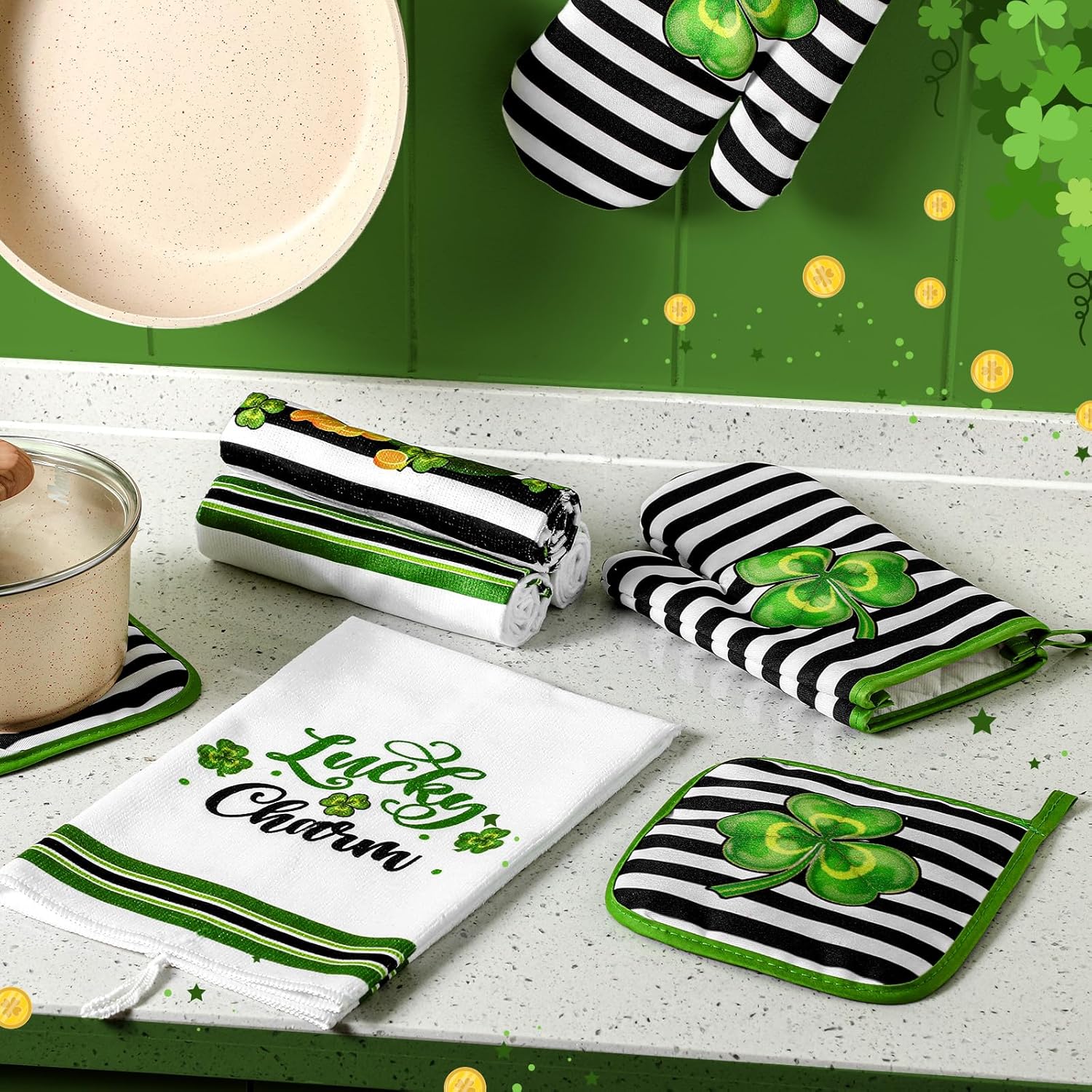 VitalCozy 10 Pcs St. Patrick's Day Kitchen Decor and Accessories Lucky Shamrock Kitchen Towel and Rugs Oven Mitts Pot Holders for Home Cooking Baking Party Gifts Bathroom Home Decor(Shamrock Style)