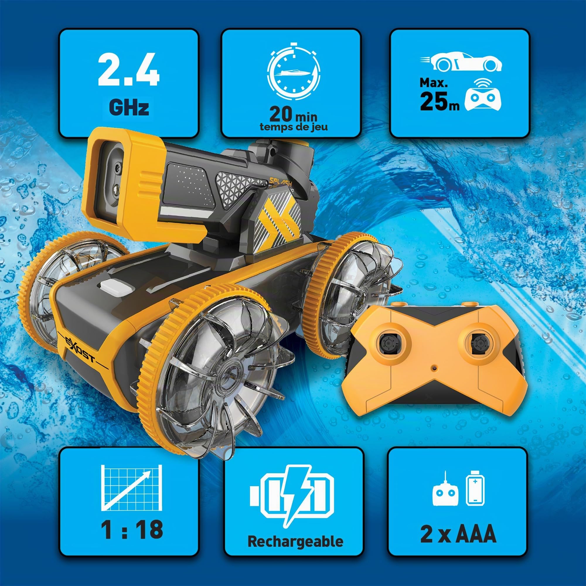 Silverlit - Exost - Hydro Blast - Voiture Radiocommandée Fonction Pistolet à Eau - Roule sur Terre et dans l'eau - Batterie Rechargeable - Dès 5 Ans