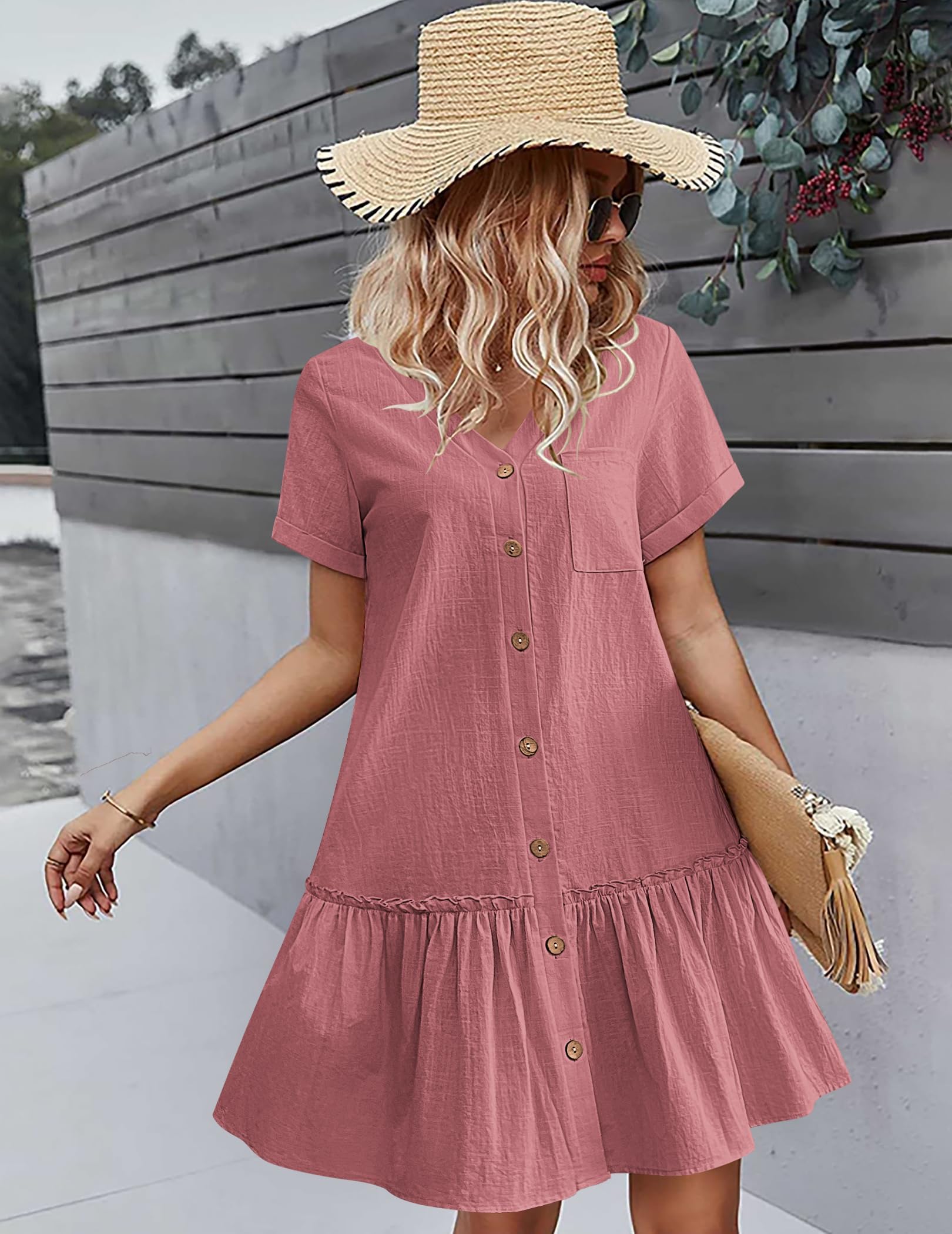 Hotouch Abito estivo da donna, con bottoni, in lino, casual, con scollo a V, a maniche corte, linea ad A, con volant