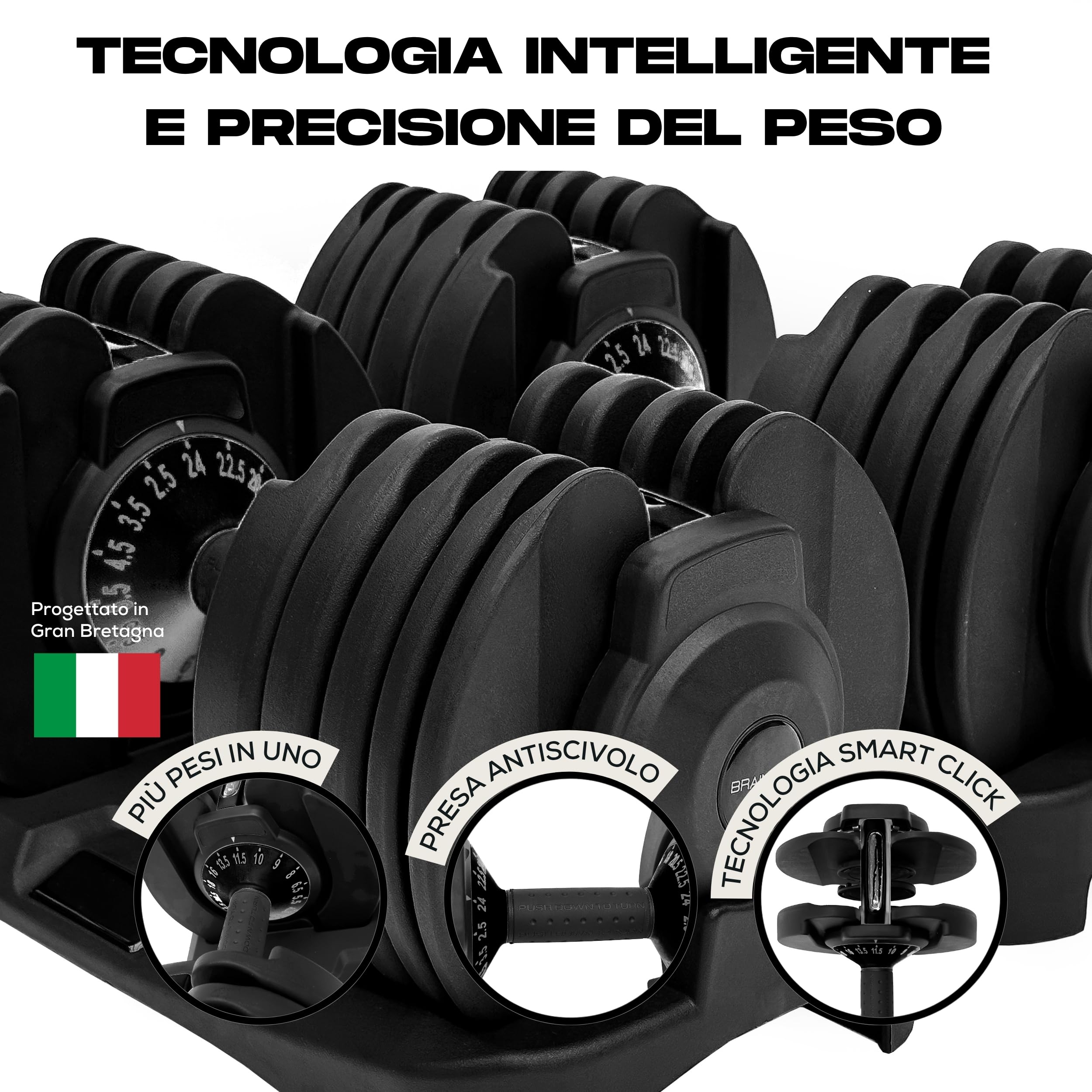 BRAINGAIN Manubri regolabili 24 kg, coppia, 15 in 1, per la casa | Cambio rapido Smart-Click, 15 livelli di peso, blocco sicuro, impugnatura antiscivolo, 2 × 24 kg (48 kg)