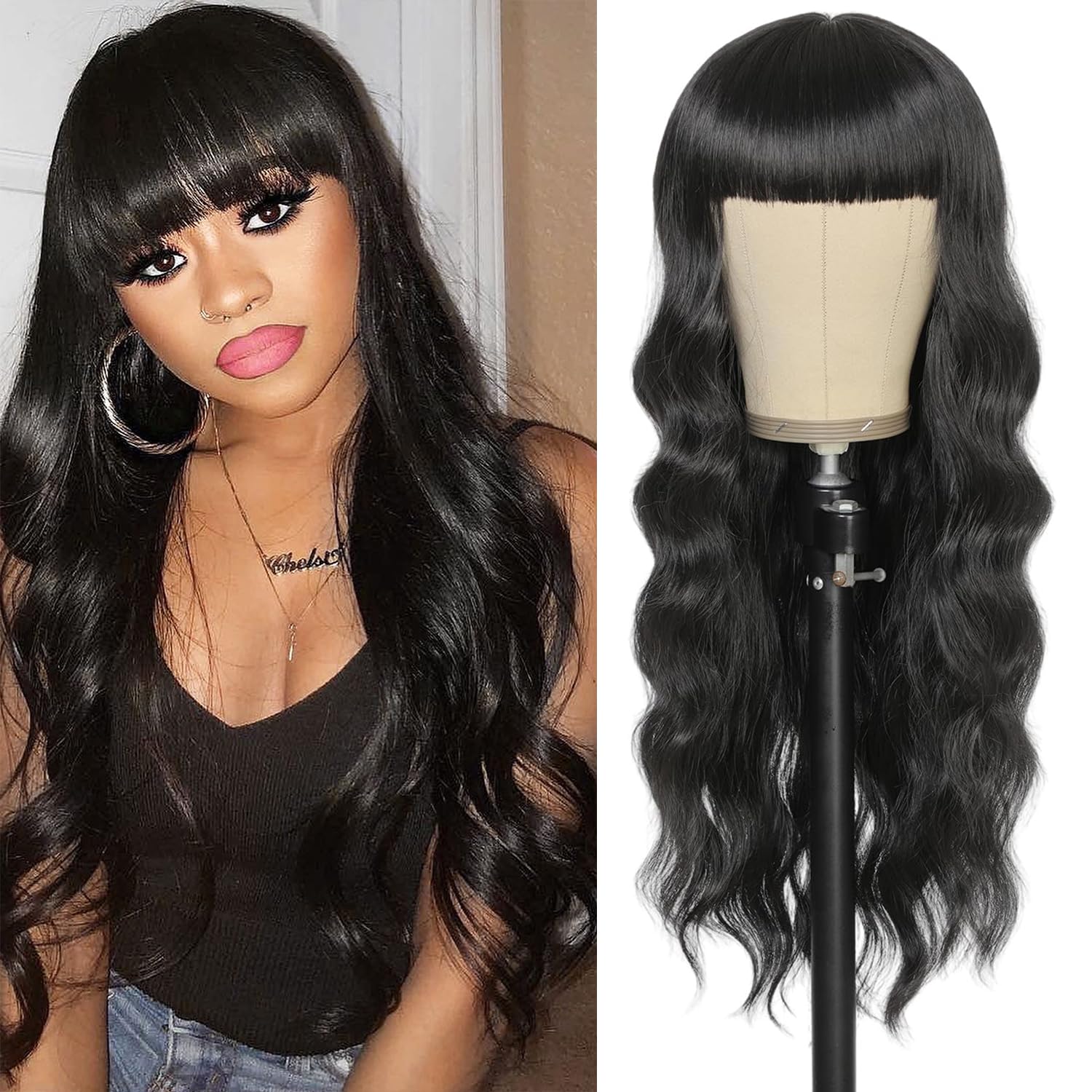 InsQueen Black Wig with Bangs 26 Inch Long Wavy Wigs for Women Body Wave Natural Looking Heat Resistant Synthetic Wig for Women Girls