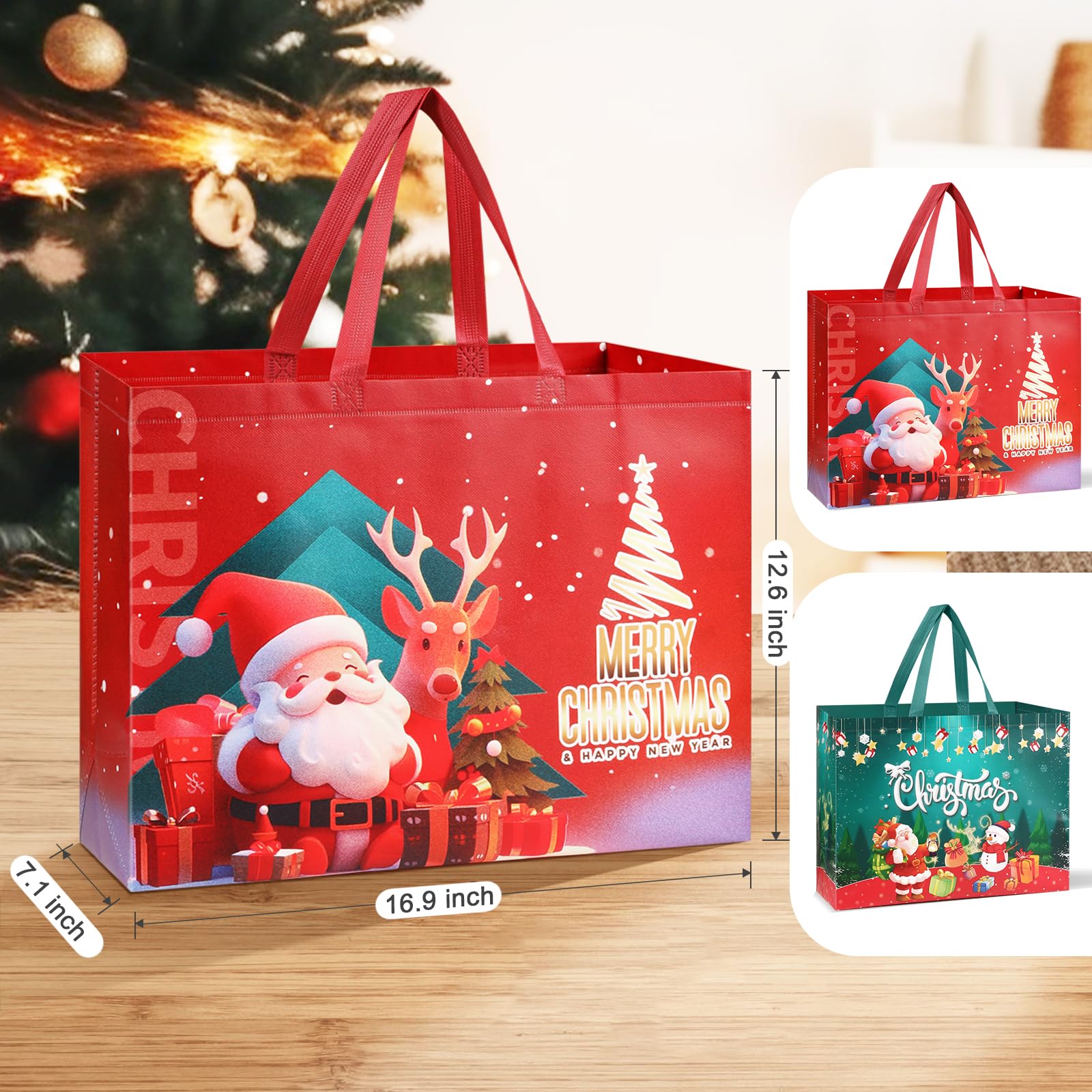 Veluft 8 Pack Extra Large Christmas Gift Bags, Reusable Tote Bags with Handle Non-Woven Christmas Bags for Gifts Wrapping Xmas Holiday,16.9
