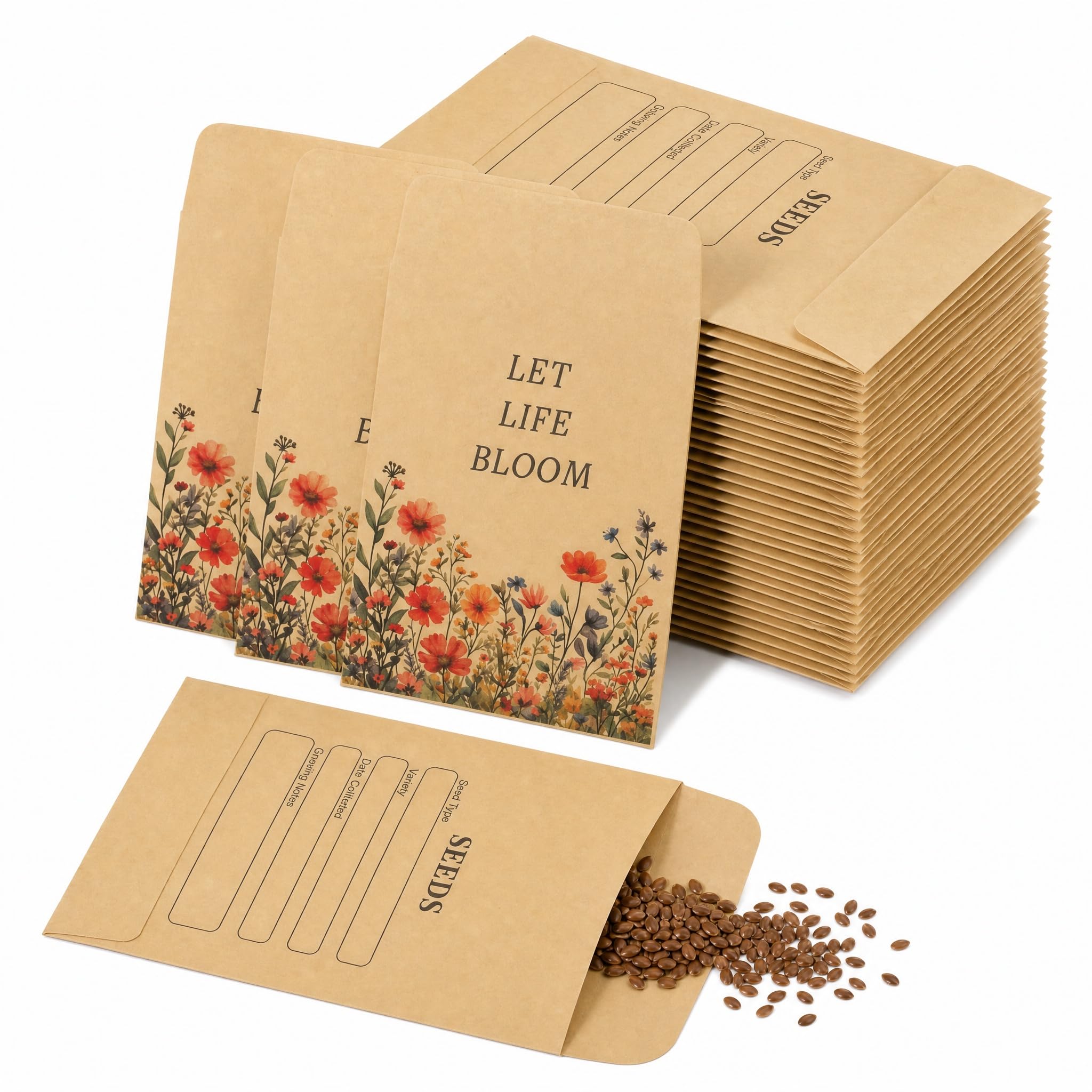 50 Pcs Seed Envelopes Self-Adhesive, Empty Brown Seed Packets Envelopes, Small Packets for Seeds with Types Name Template Towards Teachers, Students, Family Saving Collecting (Seeds Not Included)