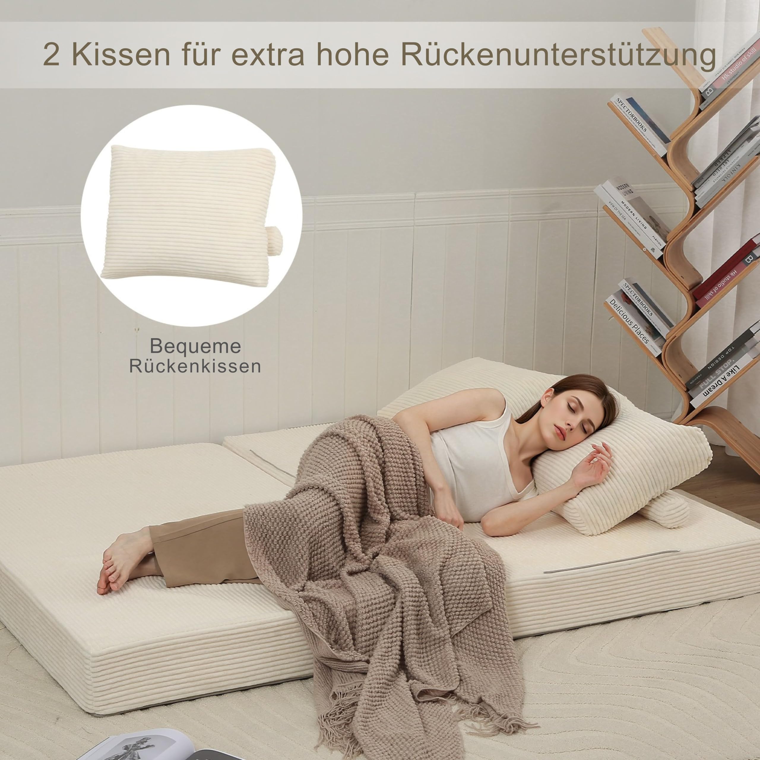 MeMoreCool Boneless Sofa Bett aus Cord – Boden Schlafsofa Convertible Futon mit Kissen, Bequeme Schaumstoff-Matratze, Vielseitige Lounge Cloud Couch für Wohnzimmer & Schlafzimmer, Beige