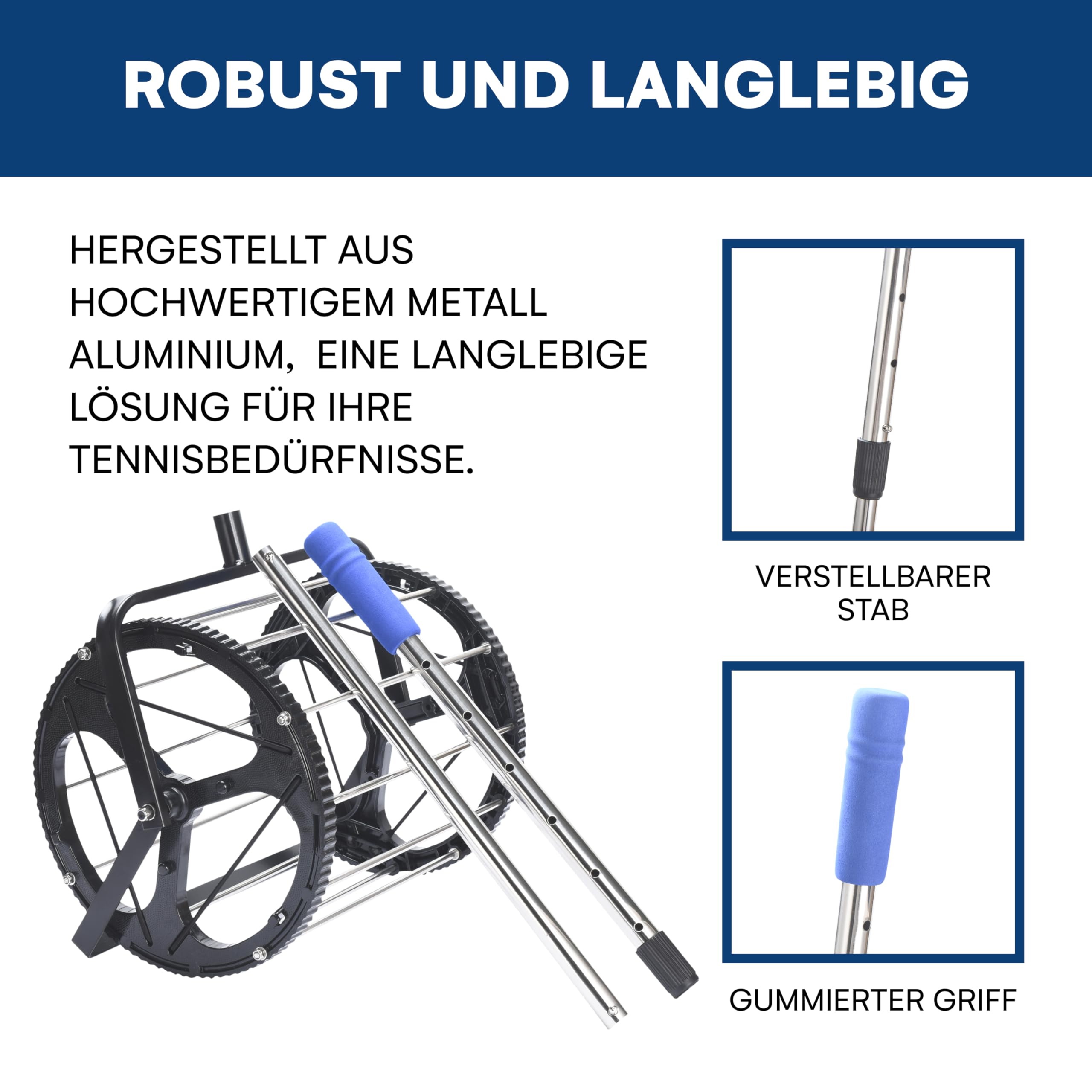 Effekt Manufaktur Rouleau de balle de tennis - Capacité de 50 balles - Barre télescopique réglable en métal - Convient pour toutes les surfaces - Noir avec poignée bleue - 34,2 x 109,5 cm