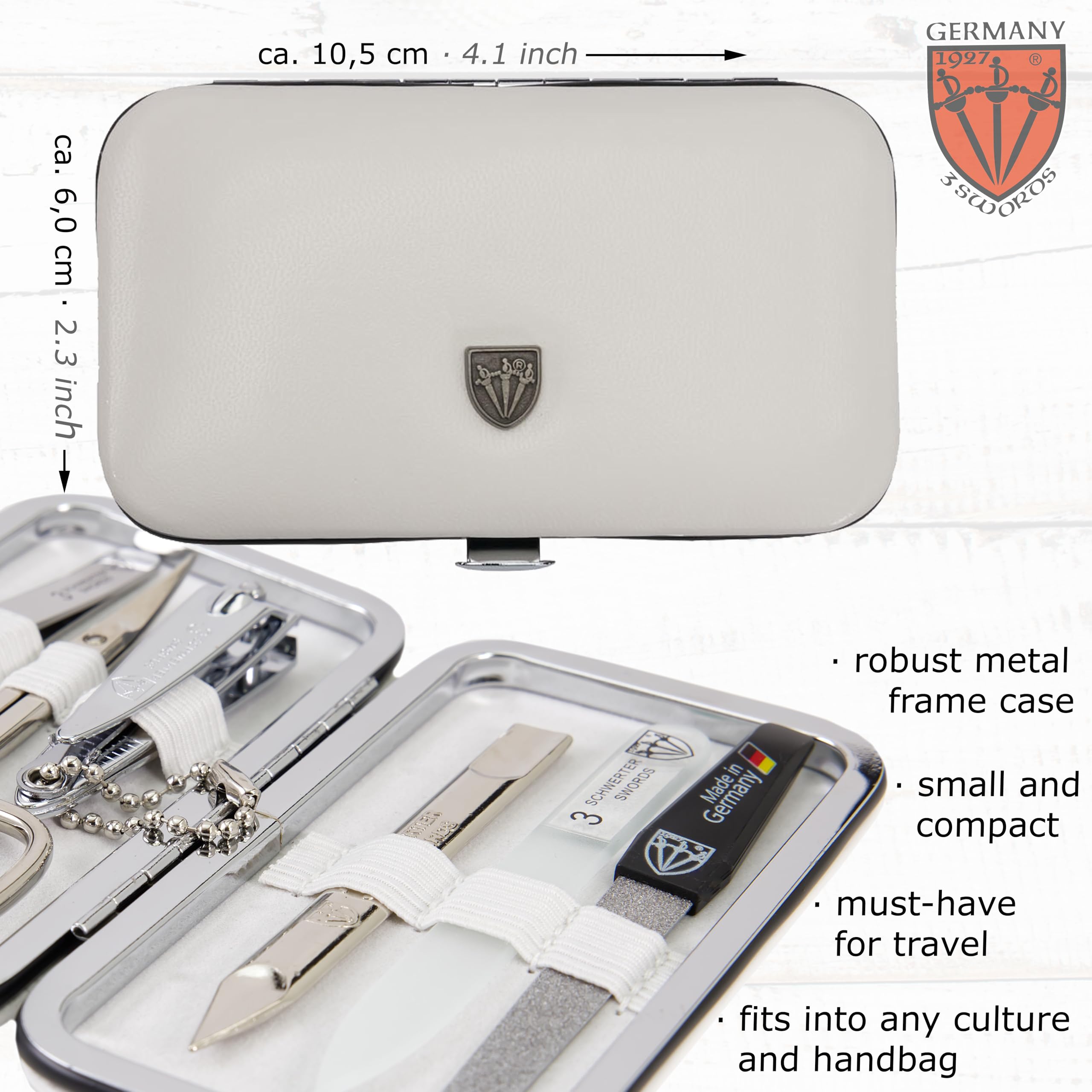 3 Swords Germany - Kit de manucure et pédicure de qualité 6 pièces - Ciseaux, lime à ongles en métal et verre, pince à épiler avec étui en cuir synthétique - Blanc