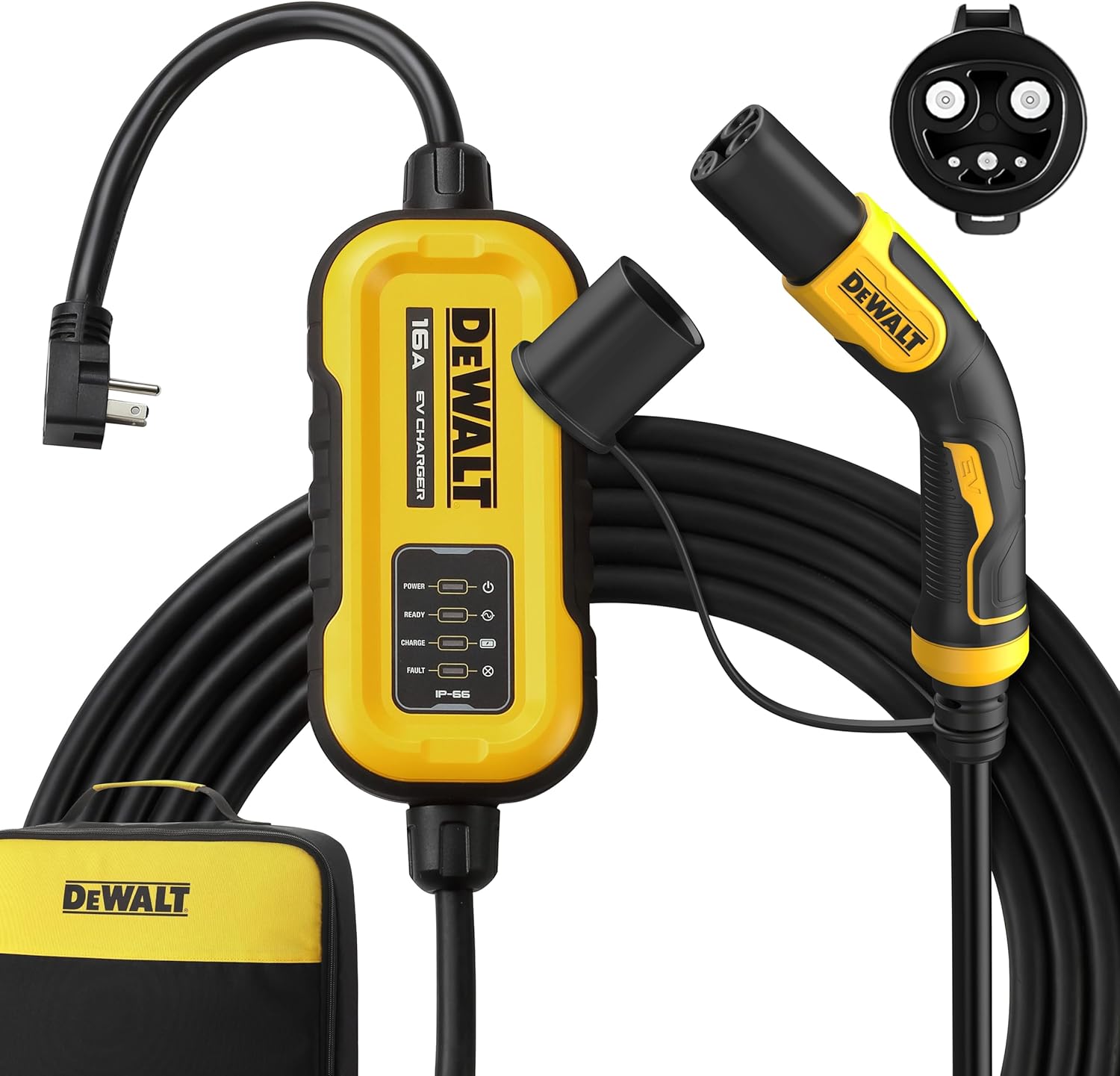 DEWALT Level 1 and 2 Portable EV Charger 12-16 Amps, CSA Certified Indoor/Outdoor, NACS Compatible for Tesla EVs, NEMA 6-20 with 5-15 Adapter and Travel Bag Included, 25 ft. Cable